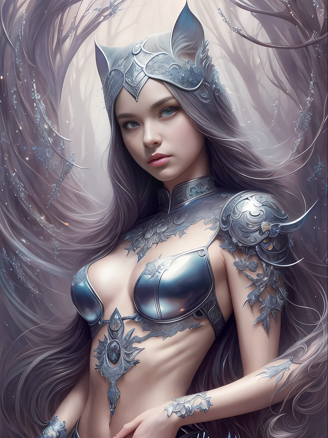 Full body portrait, beautiful fantasy Catwoman, shiny metallic jeweled depth, glowing smoke neon eyes, hoarfrost metal lace, fantasy, sunlight, sunbeam, intricate detail. 8k, dreamlike, surrealism, super cute, symmetrical, soft lighting, trending on artstation, intricate details, highly detailed, unreal engine, by ross tran, wlop, artgerm and james jean, Brian Froud, art illustration by Miho Hirano, Neimy Kanani, oil on canvas by Aykut Aydoğdu, oil painting, heavy strokes, paint dripping --auto --s2