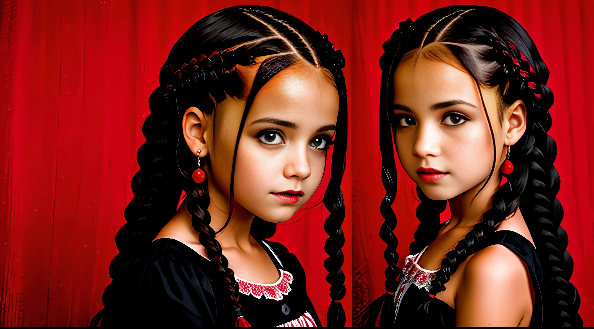 GIRLS VAMPIRE CHILDREN, RED EYES. AND DARK HAIR with braids, red background.