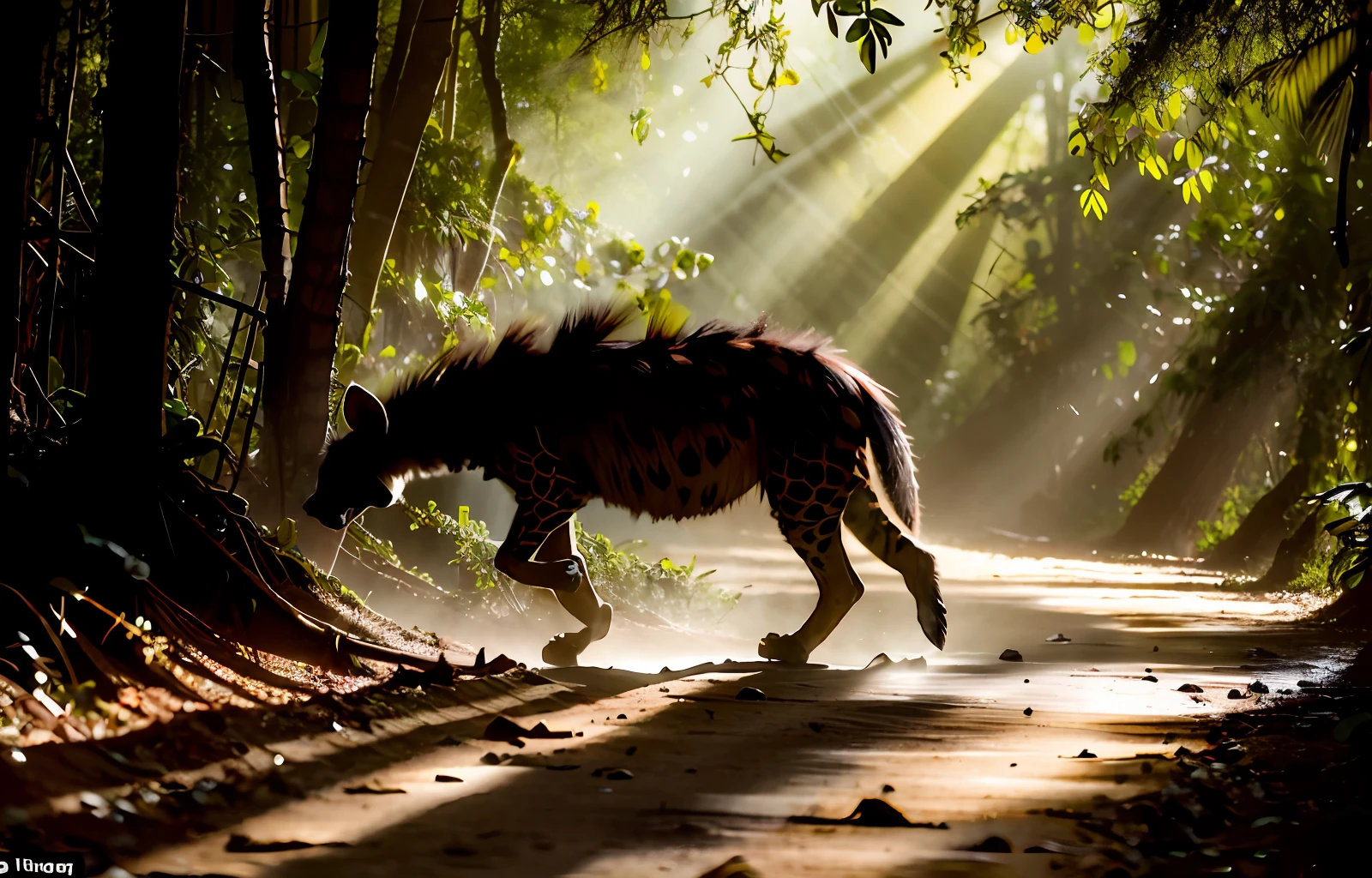 close on an exotic hyena animal in the amazon forest, stunning photography, national geographic photography, intense interplay of light and shadows --ar 2:3