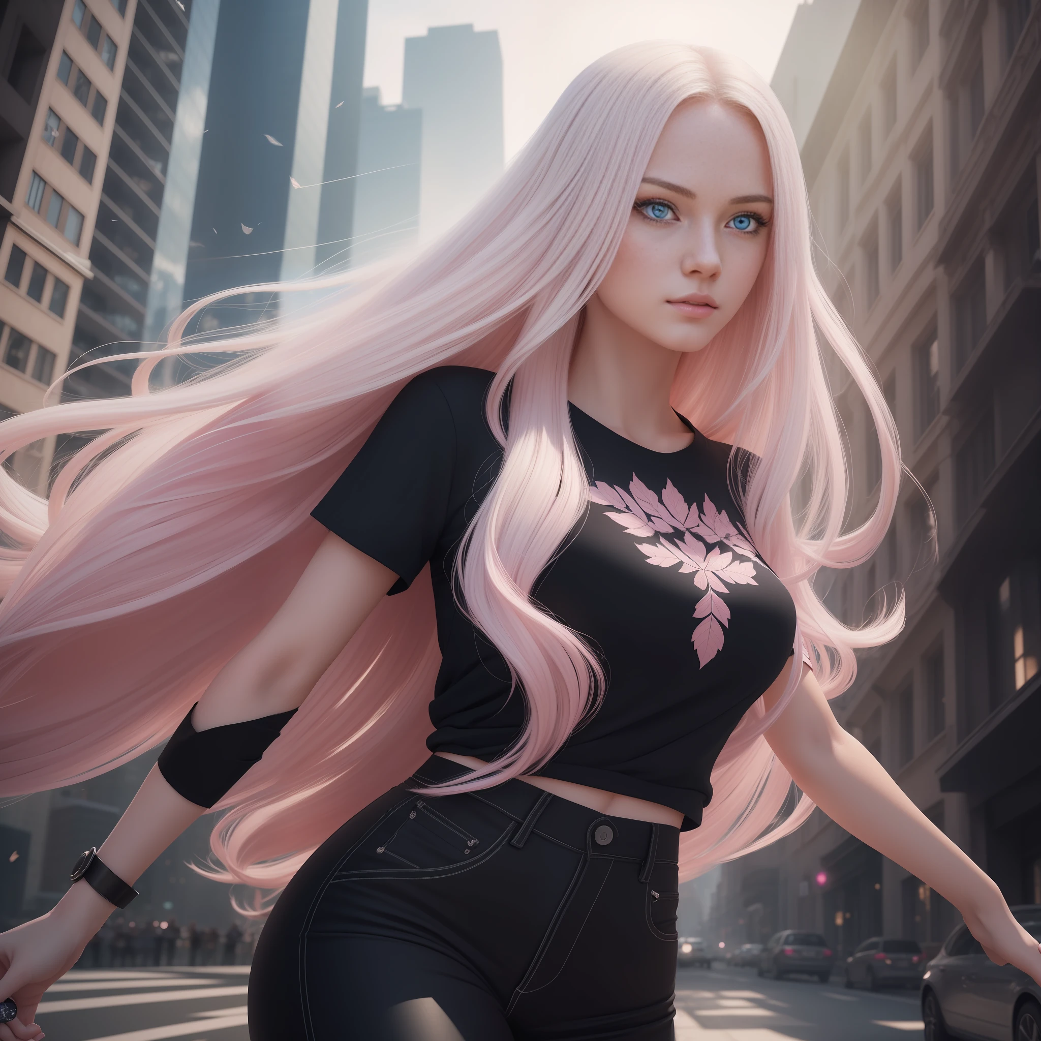 "A beautiful woman with long white hair, wearing a detailed pink t-shirt and detailed black pants, in a city with ultra-realistic details and dynamic angle. His detailed eyes draw attention for their expressiveness. The lighting and shadows are exceptional, creating a perfect tone of drama. To add a touch of poetry, there are leaves flying around it." (extremely detailed CG unity 8k wallpaper, masterpiece, best quality, dynamic angle, beautiful face, ultra-detailed, white long hair, blue eyes, pink shirt, black pants, cityscape, best illumination, best shadow, flying leaves)