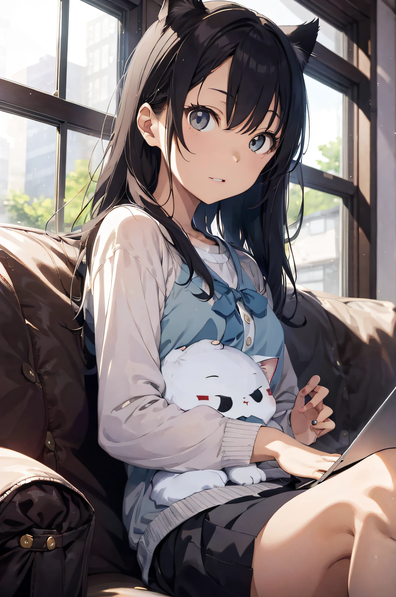 Cat-eared woman sitting on sofa with laptop in lap, photo of Tadashi Nakayama, Instagram, Shin Hanga, Kiko Mizuhara, Nozomi Takemura, Dhilaba Dilmrat, Ayami Kojima, Chiho Imo, Shikamimi, Apple, Yuki Fujikawa, Ai Yazawa, advertising image, Jia