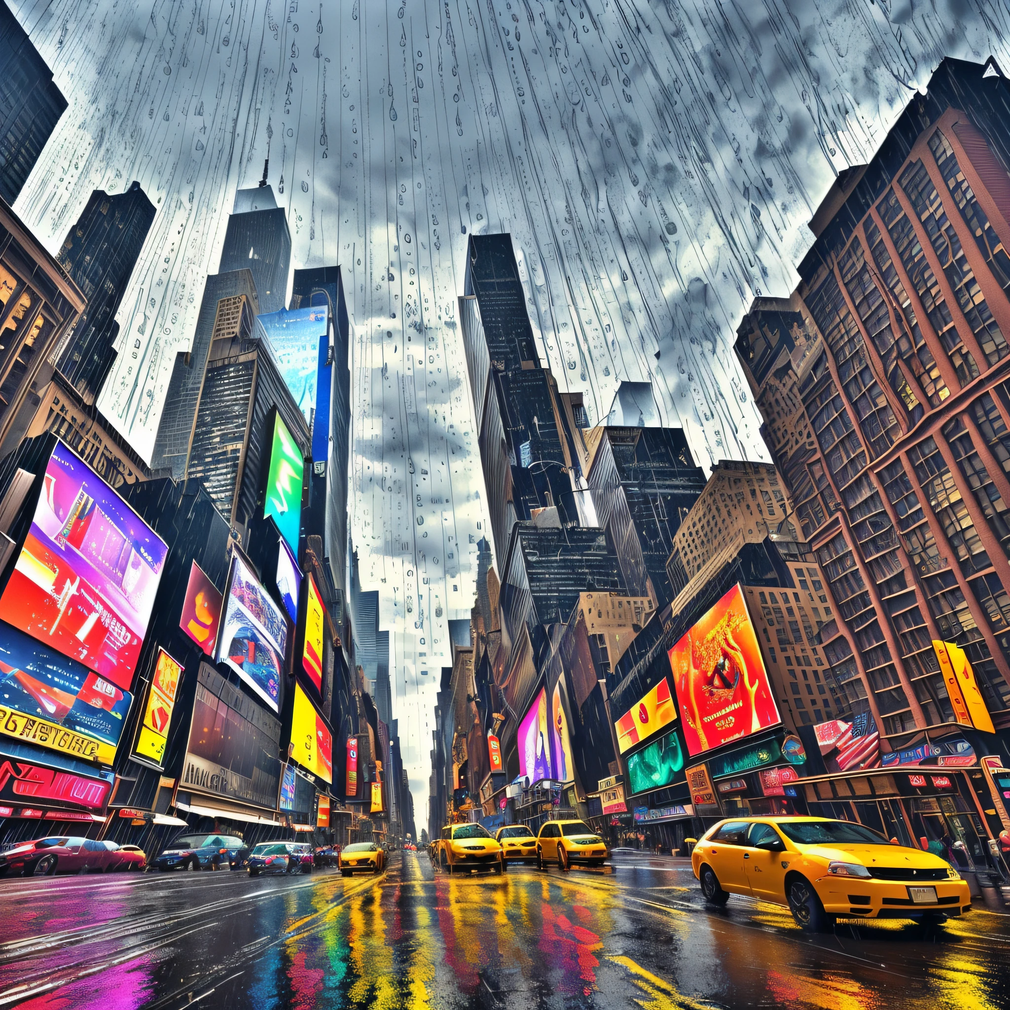 64k, UHD, HDR, epic cinematic scenery, (Downtown New York), rainy day with many water droplets in the air, sony a6400 camera, masterpiece, Ultra HD, vivid colors, more details,