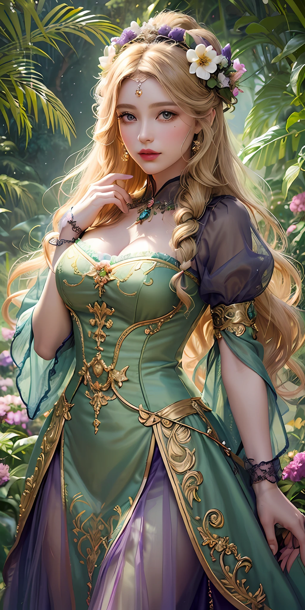 Beautiful semi-three-dimensional style, oil paint, oil painting, thick painting, royal sister, exquisite makeup, melon seed face, blonde hair, middle head, long hair and waist, curly hair, long eyelashes, dark brown pupil eyes, exquisite nose, lipstick crescent lips, hair ornament headdress pattern, 20th century 50s Victorian style, silk satin tulle translucent, large sleeve collar, rococo, flower god, (shrub jungle flowers vine seasonal garden), (a lot of grass green and purple complementary colors), (surrounded by plants and flowers), surrealist digital art , hyper-detail rendering, color gamut painting, contour shadow close-up, beautiful posture, beautiful curves, bold