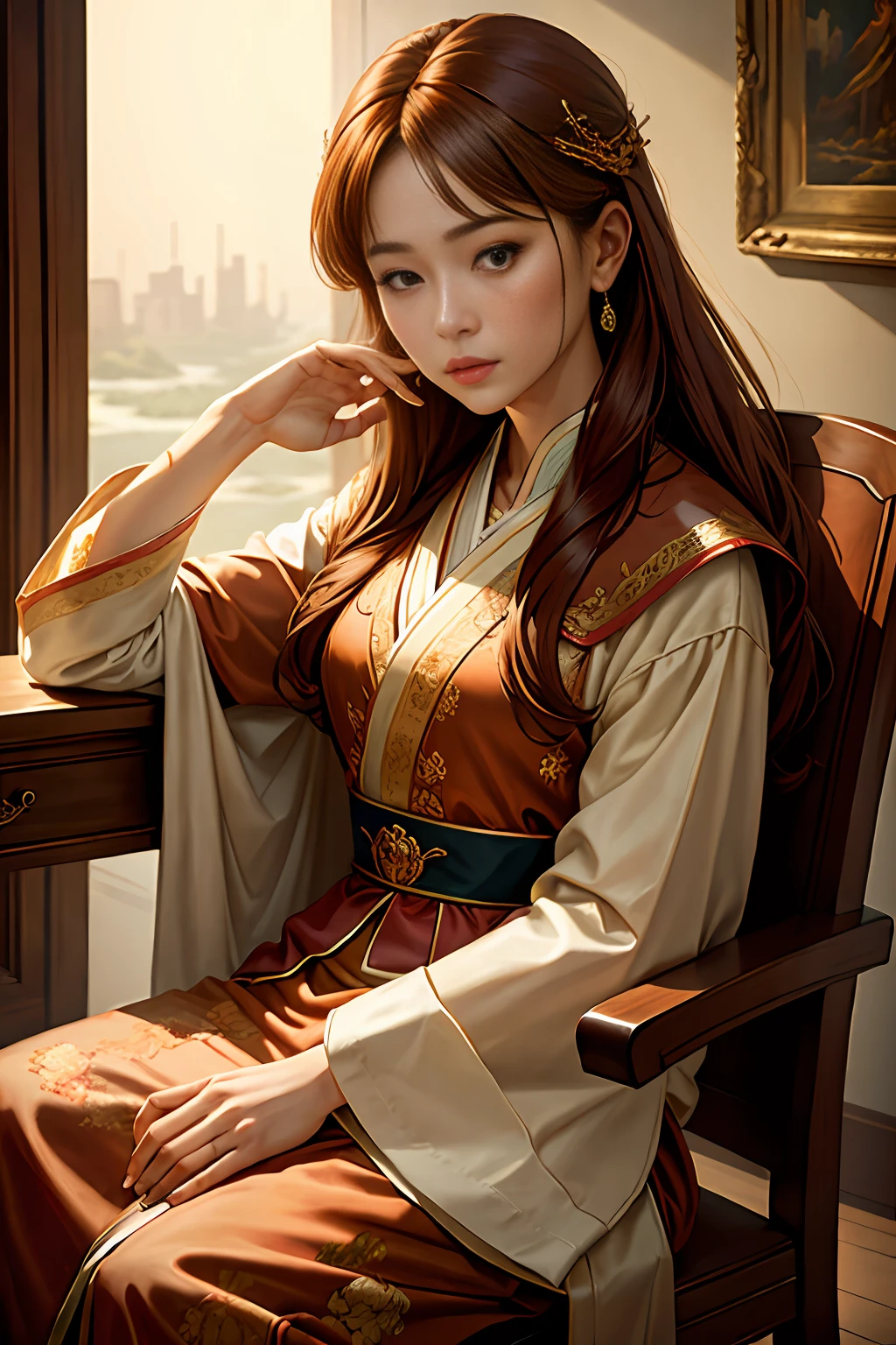 upper body, oil painting, masterpiece, best quality, highres, long brown hair, hair clip jewelry, chest, riverside and chair, sitting, dynasty song, song outfit,