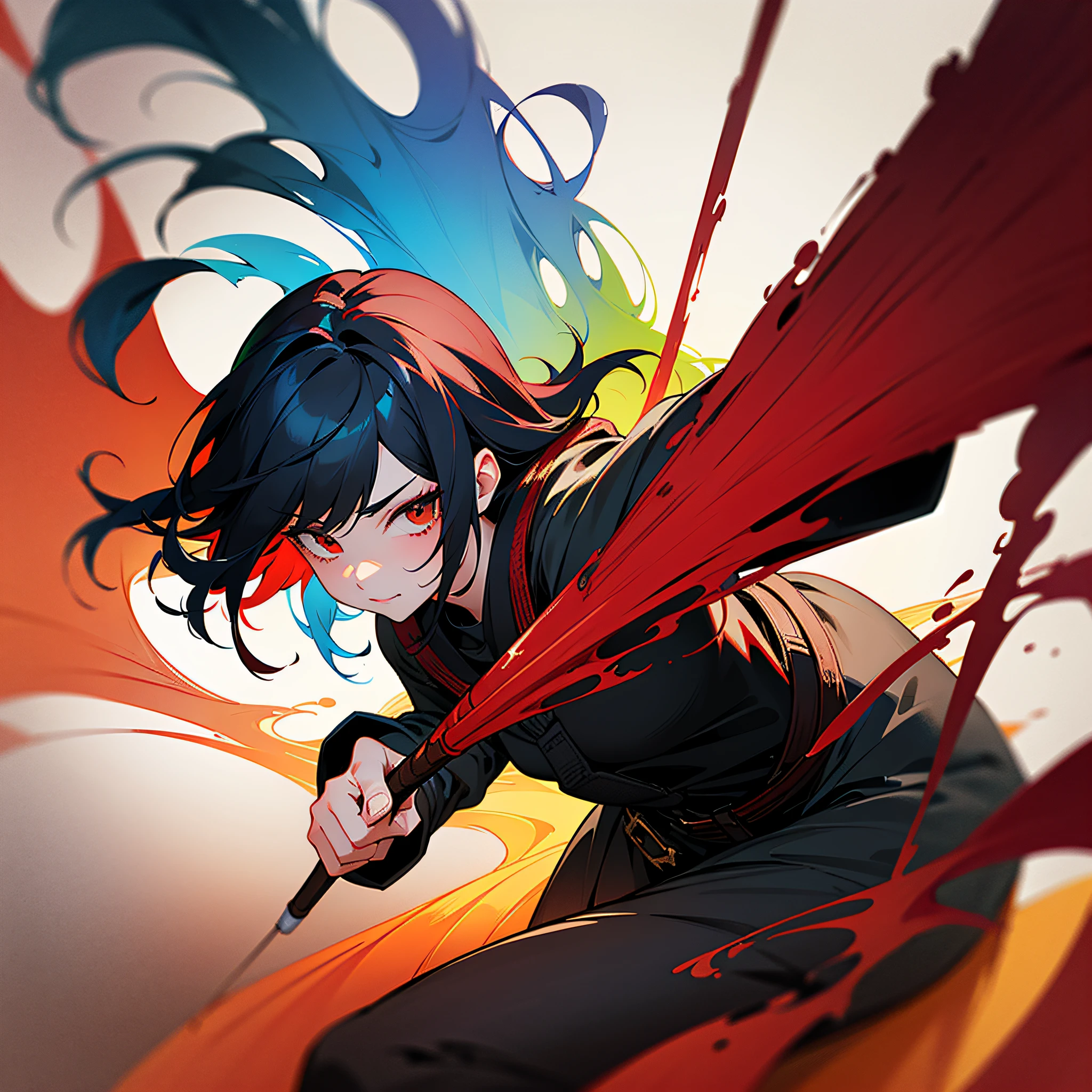 0 damage assassine, pointing the brush at viewer, ,a killer who likes to paint, dirty laundry of colored paint, holding a wet brush of paint, colored hair, fantasy, marvel, absolutely stunning art, art of the highest quality, highest resolution, hyper detailed, black and red