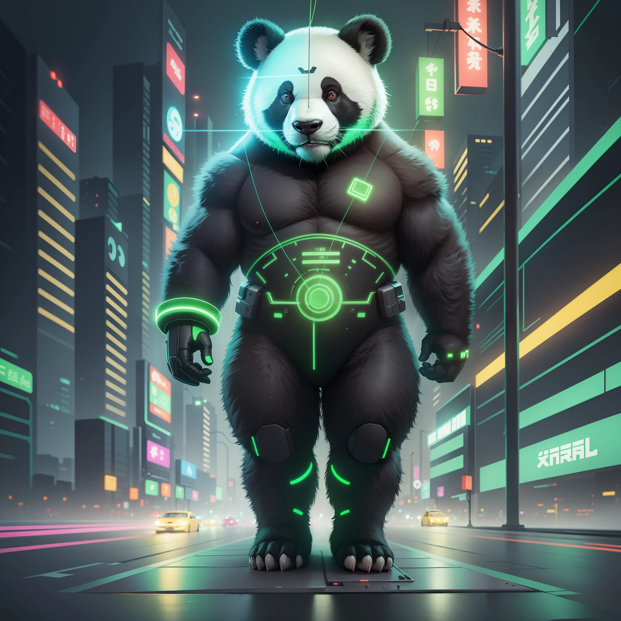 giant panda, using a high tech tablet, green lights, cyberpunk, eletric bolts, drawing lines, neon, minimalist, 4k