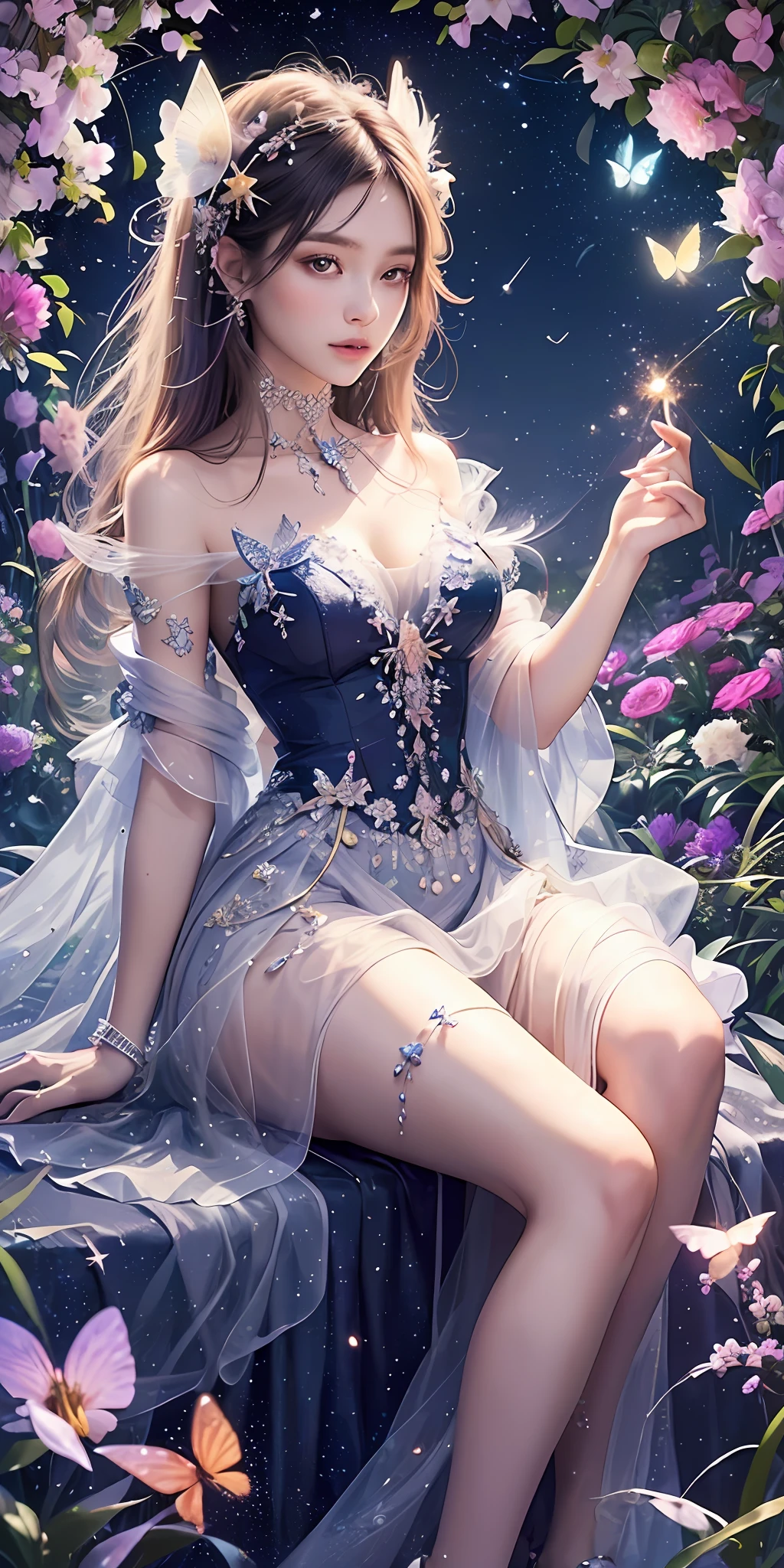 (Masterpiece, top quality, best quality, official art, beauty and aesthetics: 1.2), girl) extremely detailed) Full body: 0.5) Fractal art: 0.8) Colorful, most detailed, beautiful woman, delicate facial features (light feathers: 0.7) Flowers: perfect facial features, perfect fingers, (jewelry: 0.5), (butterfly: 0.3), bright, shine, shine shining stars, (rich color: 0.6), shining eyes, sideways, semi-sideways, conservative, close up, moon moon, stars, stars, fireflies, fireflies, summer nights, summer nights, atmosphere, gorgeous and complicated dresses, fireflies, fireflies, fine crystals, fluorescent flowers, fluorescent flowers, glowing flowers, ephemeral flowers, slender white petals, elegant, secluded, elegant, elegant,