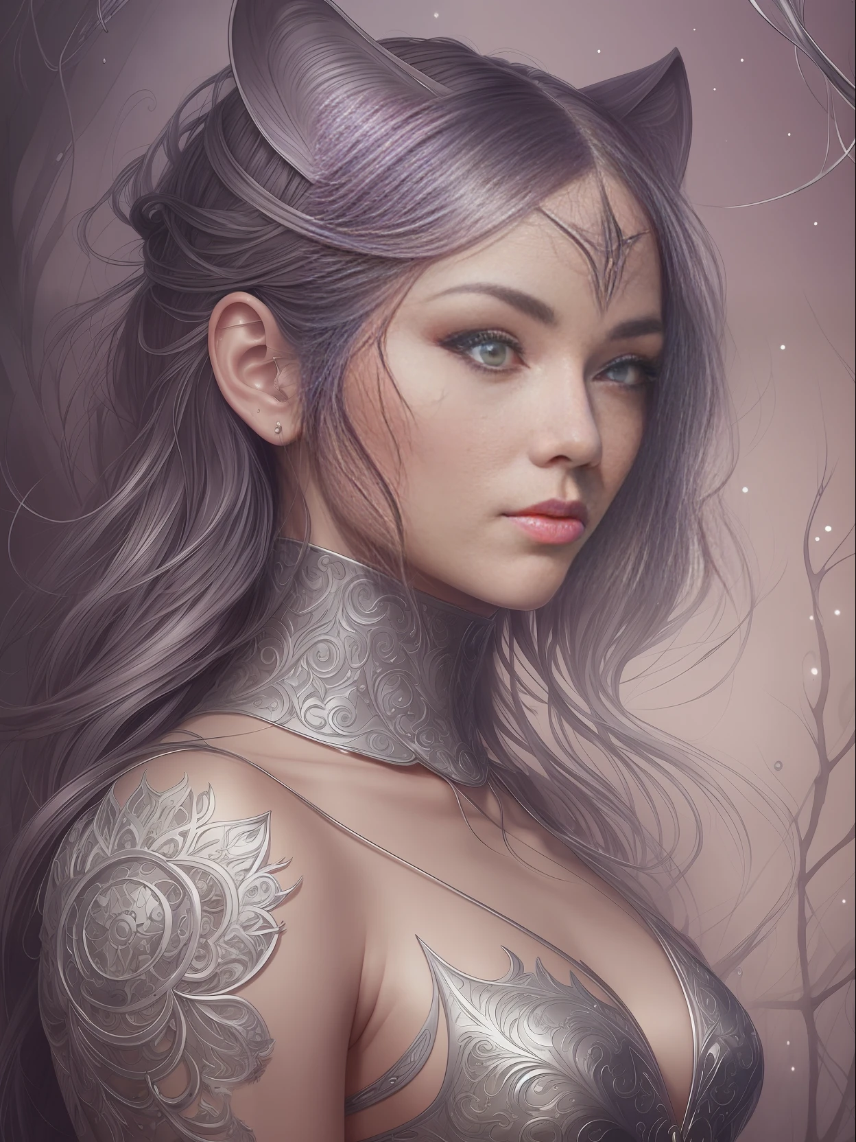 Full body portrait, beautiful fantasy Catwoman, shiny metallic jeweled depth, glowing smoke neon eyes, hoarfrost metal lace, fantasy, sunlight, sunbeam, intricate detail. 8k, dreamlike, surrealism, super cute, symmetrical, soft lighting, trending on artstation, intricate details, highly detailed, unreal engine, by ross tran, wlop, artgerm and james jean, Brian Froud, art illustration by Miho Hirano, Neimy Kanani, oil on canvas by Aykut Aydoğdu, oil painting, heavy strokes, paint dripping --auto --s2