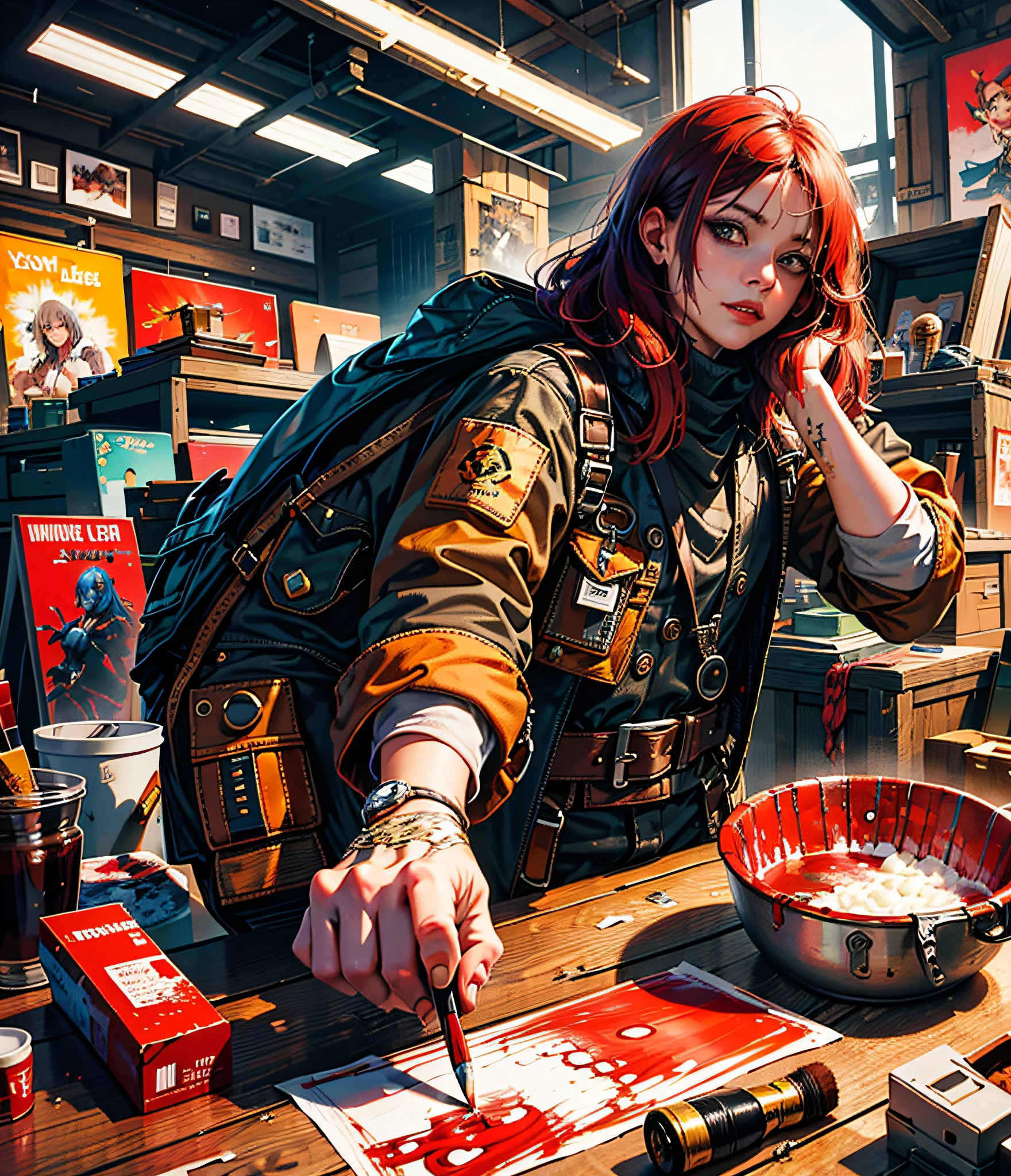0 damage assassine, pointing the brush at viewer, ,a killer who likes to paint, dirty laundry of colored paint, holding a wet brush of paint, colored hair, fantasy, marvel, absolutely stunning art, art of the highest quality, highest resolution, hyper detailed, black and red