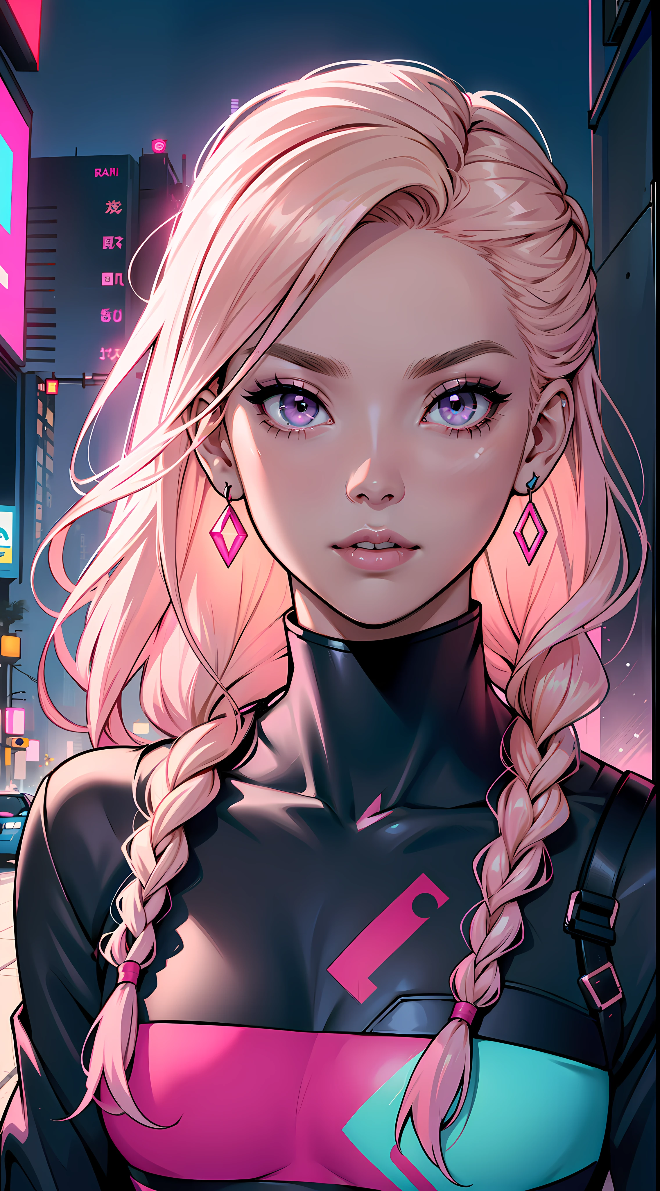 Rosé by Blackpink: Rosé has a lovely and radiant appearance. Her hair is often dyed in blonde or pink hues, and she likes to experiment with different styles, such as soft waves or delicate braids. His eyes are large and expressive, with perfectly arched eyebrows. Rosé has a clear and luminous skin, with slightly pink cheeks. Their lips are pink and have a naturally beautiful shape. She has a soft and captivating beauty. 1girl, solo, colorful, cyberpunk, city, peace sign, earrings, neon, beautiful lighting, purple reflection, cap, character focus, cg illustration