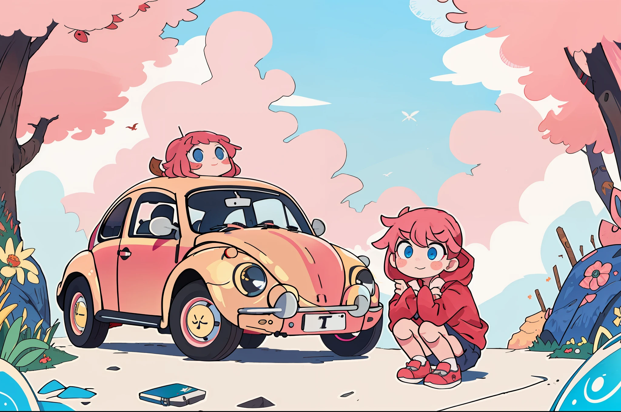 masterpiece, best qaulity, ((1 girl)), solo, (volkswagen beetle), smlie, seashore street, full body, sneakers, squatting next to the car, red hoodie, cumulonimbus cloud, dreamy atmosphere, looking at viewer, pink hairs, blue eyes,