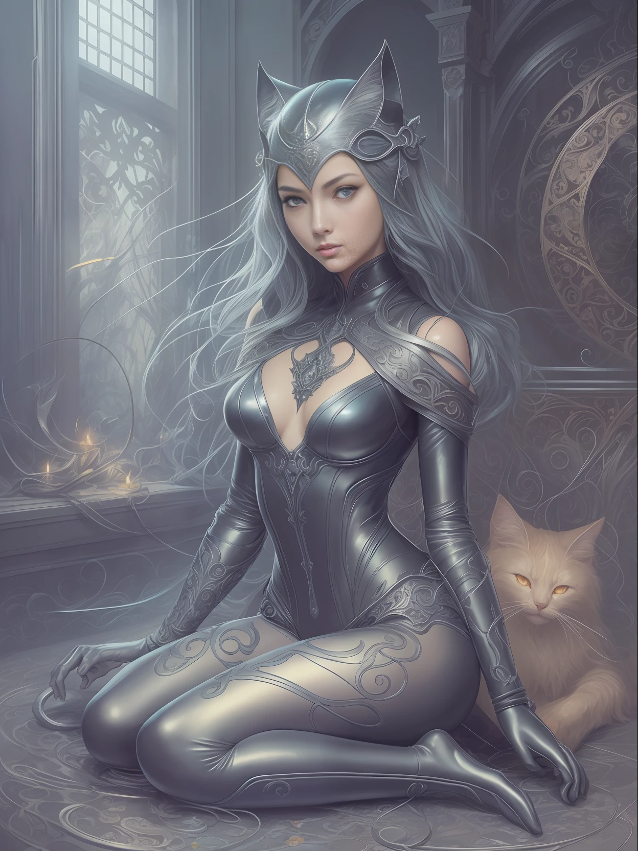 Full body portrait, beautiful fantasy Catwoman, shiny metallic jeweled depth, glowing smoke neon eyes, hoarfrost metal lace, fantasy, sunlight, sunbeam, intricate detail. 8k, dreamlike, surrealism, super cute, symmetrical, soft lighting, trending on artstation, intricate details, highly detailed, unreal engine, by ross tran, wlop, artgerm and james jean, Brian Froud, art illustration by Miho Hirano, Neimy Kanani, oil on canvas by Aykut Aydoğdu, oil painting, heavy strokes, paint dripping --auto --s2