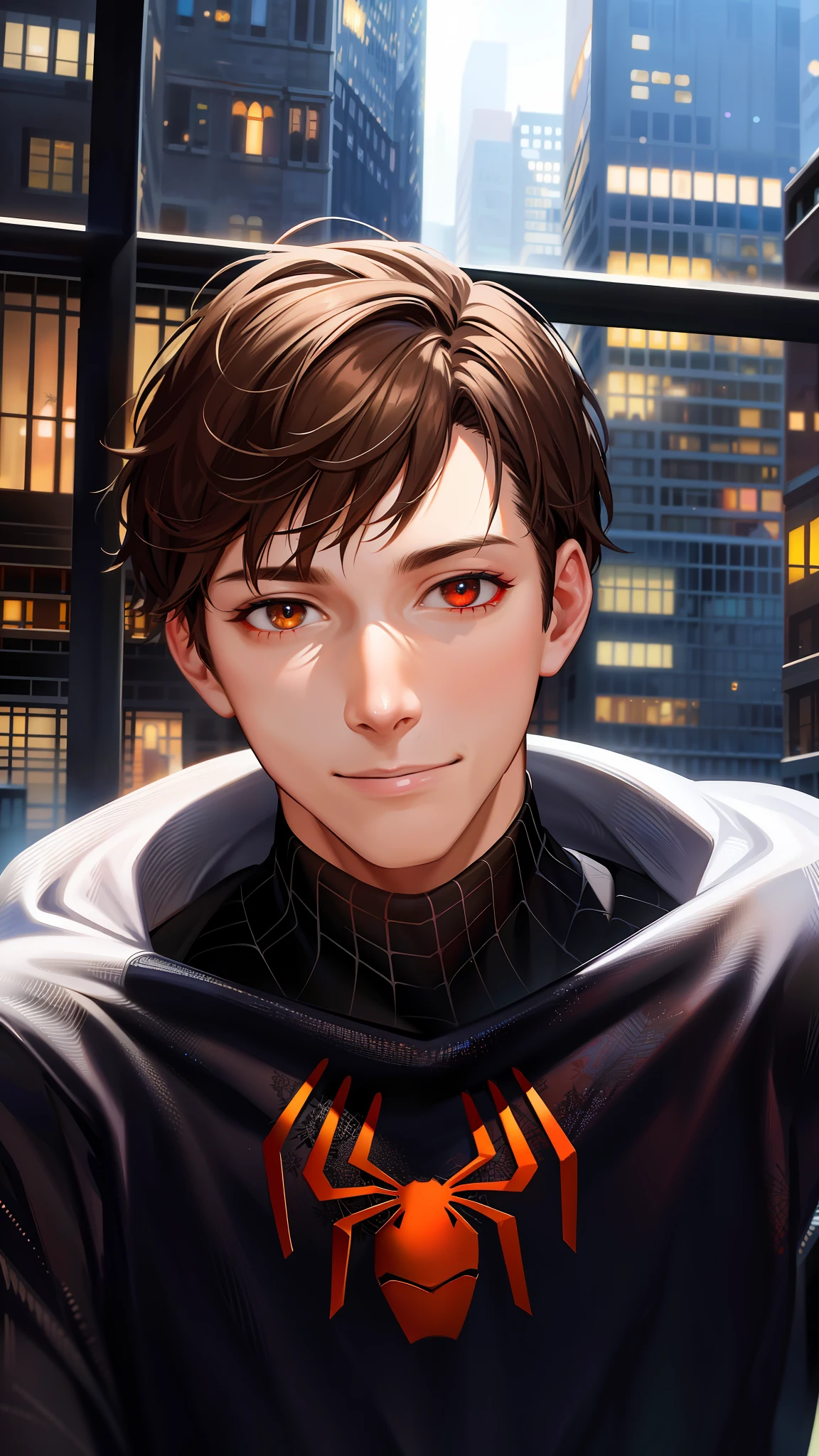 spider suit, spider web print, spider web, spider-man
Masterpiece, absurdres, fine detail, HDR, ((highly detailed face and eyes)), photorealistic,
focus on eyes,
standing on the roof of a skyscrapper, ((unmasked)), looking at viewer, smiling,  short brown hair, 
new york buildings background,