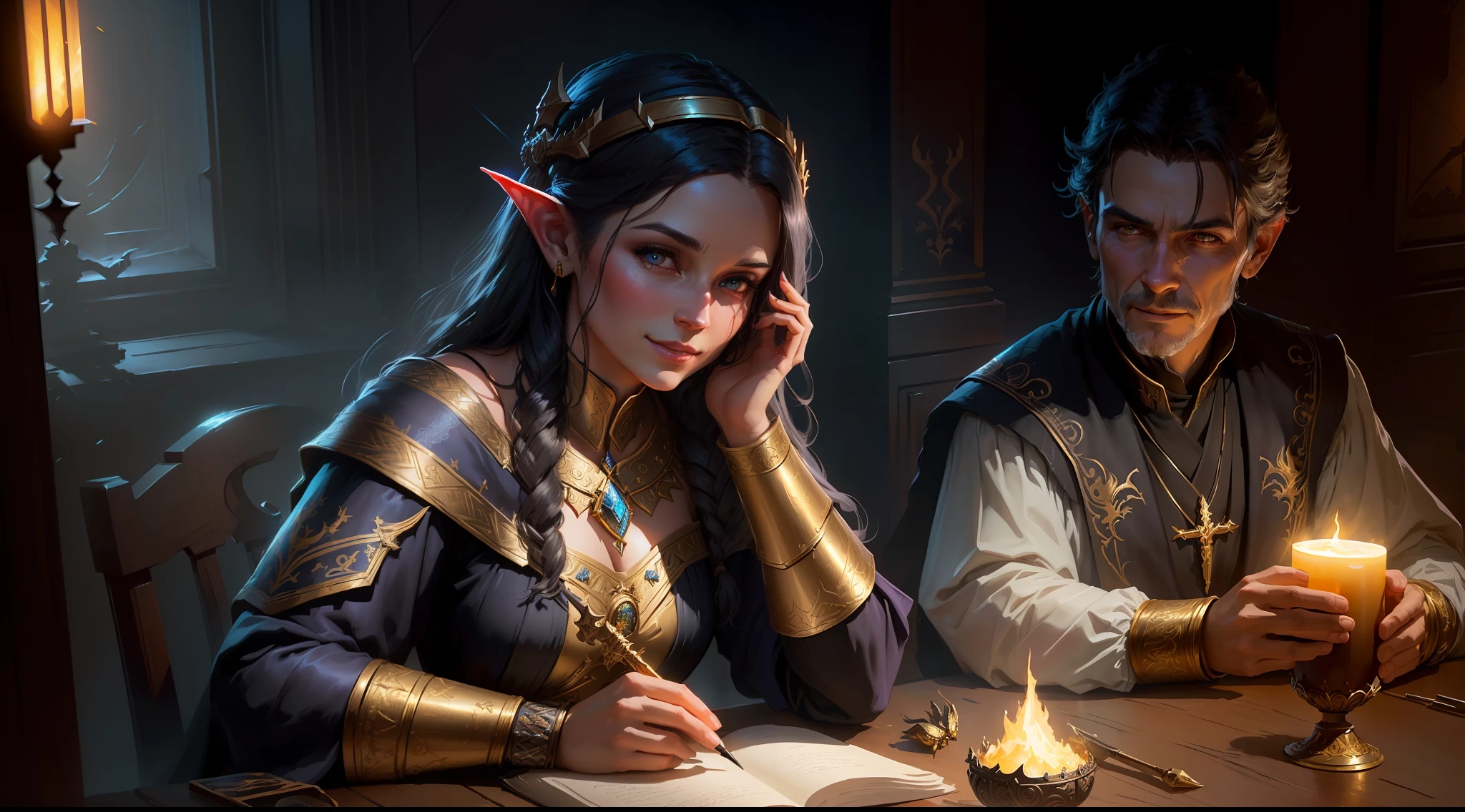 best quality, masterpiece, masterpiece portrait, intricate details, epic light, fantasy, dragons and dungeons, retro, priest, dark elf, 1 girl,2 boys, wooden table, tavern, gray skin, elegant smile, strabismus, close-up portrait of a Mycenaean woman doll with gold jewelry, spider: 0.9, net: 1.0, fantasy, volumetric lighting, concept art, brush stroke style, art station, trend, very detailed, art by Greg Rutkowski
