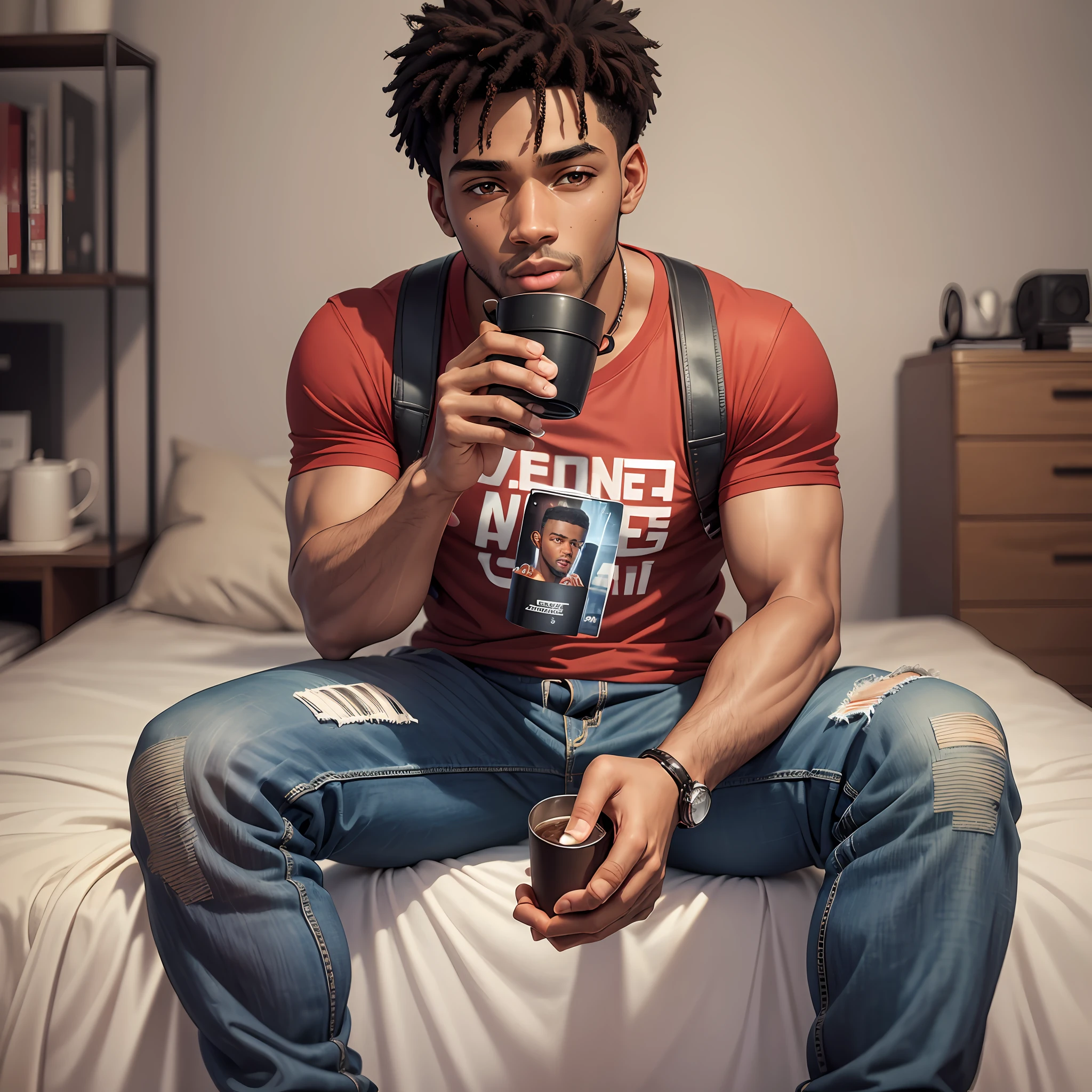 ((Artwork)), best quality, high detail, incredibly delicate and beautiful illustration, (ung 26-year-old black man), brown eyes, serious expression, comfortable casual clothing, slightly blurry urban setting, softly blurred background, night lighting.this youtuber is sitting on his bed in the studio, ready to record another video for his channel. He's wearing an ordinary red T-shirt and jeans, which reflect his practical, funky style. Its leather strap adds a touch of style to its simple, relaxed look. His short black hair, short beard and light brown eyes catch the attention of his followers, while he holds a cup of hot coffee in one hand and a microphone in the other. He is focused and determined to create quality content for his audience while keeping his posture safe and relaxed, which contributes to creating a strong connection with his followers. In short, he's a successful YouTuber, known for his exciting and engaging urban legends, and his stripped-down style adds a personal touch to his content. High quality 4k image --auto --s2