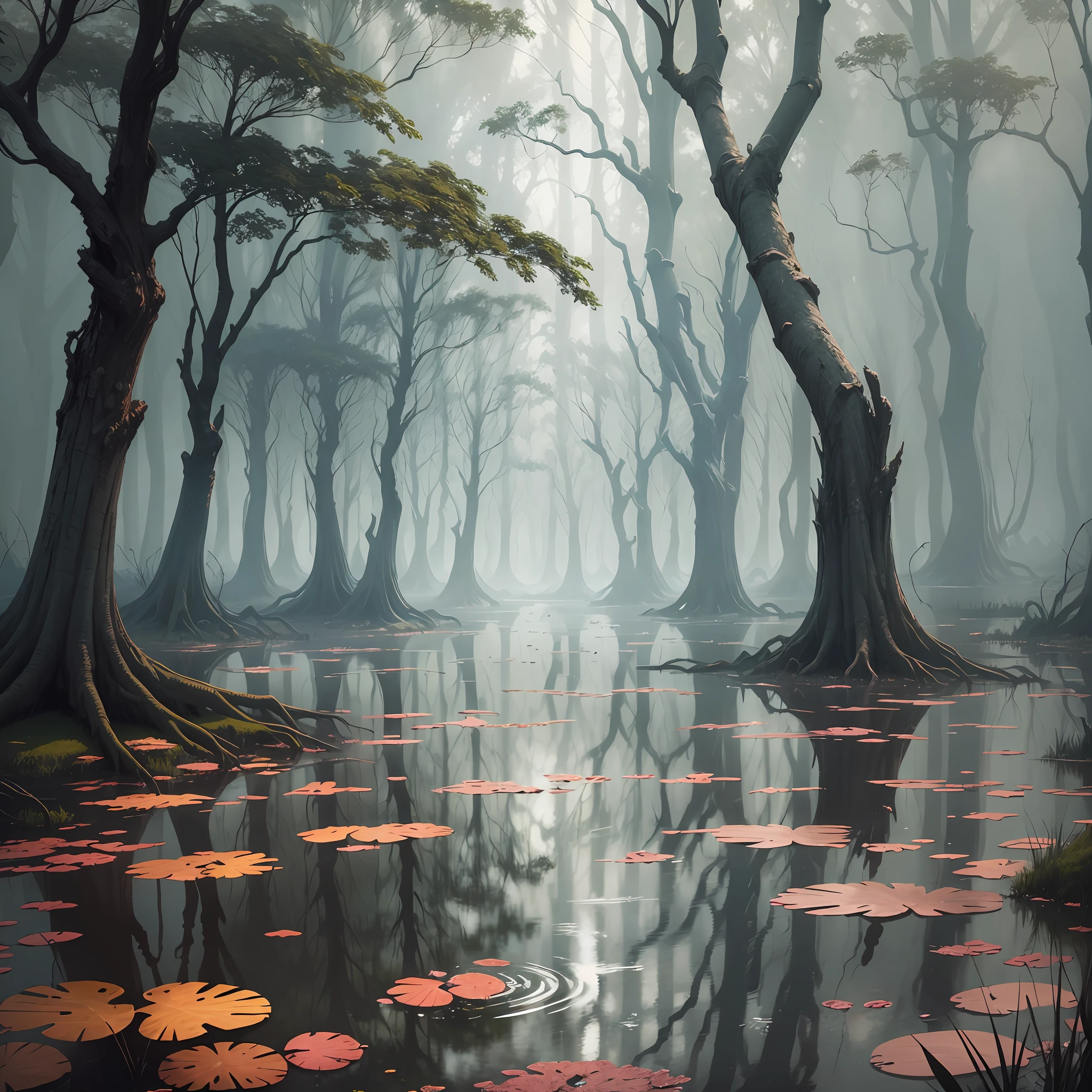 "Create an image of an entire realistic tree of macabre swamp with a white screen background. Make sure that the resulting image captures the essence of the trees, with details that highlight the frightening and mysterious appearance. Add textures and details to trees, such as twisted roots and wilted leaves. Make sure the shadows and lighting in the image underscore the macabre mood of the swamp. Add details to the white background, such as shadows and subtle lighting, to give depth to the image. Make sure the resulting image is high-resolution, 8K quality." —c 10 —ar 2:3 --auto --s2