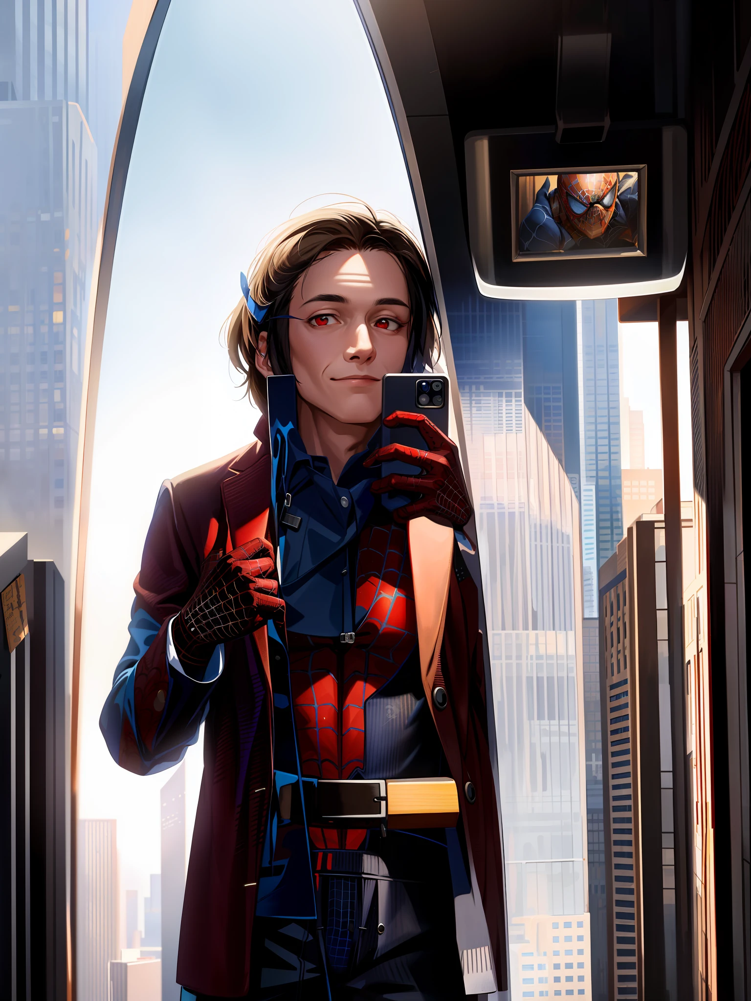 spider suit, spider web print, spider web, spider-man
Masterpiece, absurdres, fine detail, HDR, ((highly detailed face and eyes)), photorealistic,
focus on eyes,
standing on the roof of a skyscrapper, ((unmasked)), looking at viewer, smiling, short brown hair,
new york buildings background,