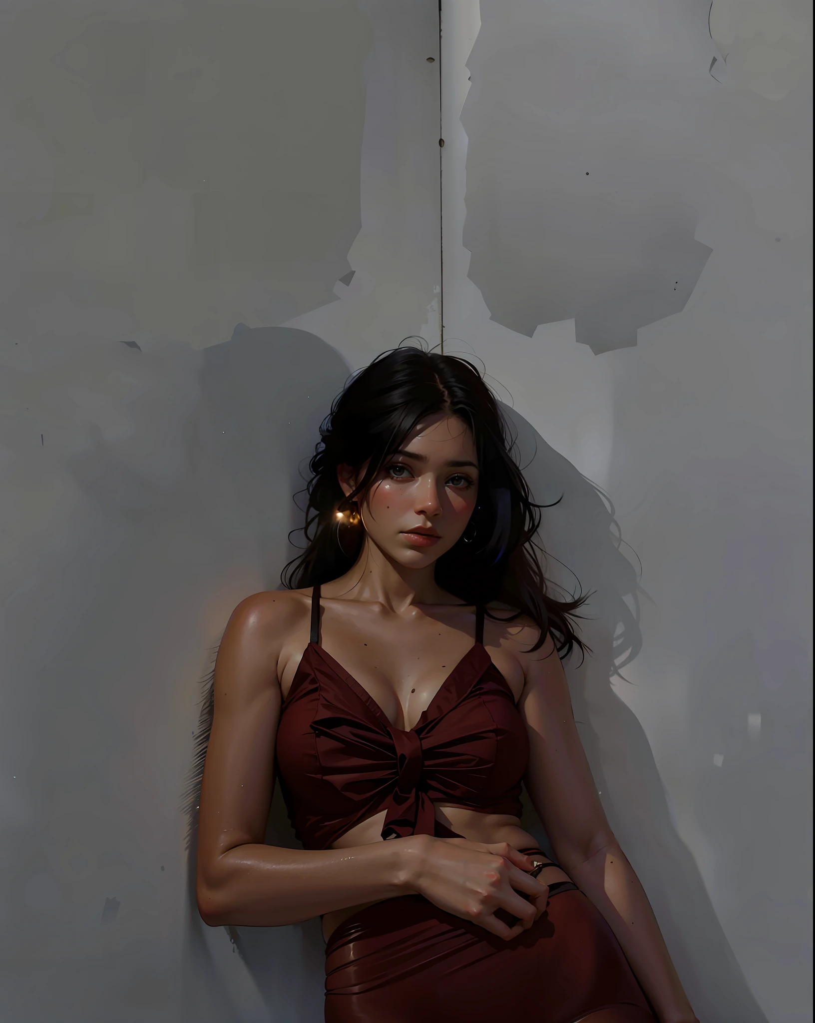 a hyper-realistic portrait of a young woman, half asleep, under a tree, inside a forest, in the middle of nature, 22 years old, realistic, (lying on her side), she is wearing a red panties, (wearing a garter belt and black pantyhose), sexy, (huge breasts 2:1), torn, (all torn), short brown hair, (hair tied with bows), curved, SFW