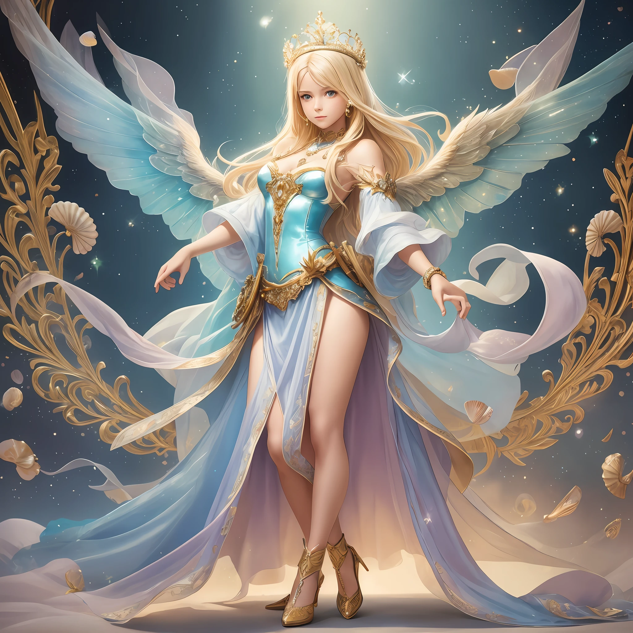photo, HD, , photo, age woman, beautiful dress glamorous,spotlight on face, super beautiful,sparkling blonde hair,gorgeous shoes,in the style of stefan kostic, realistic, (full body:1.1), sharp focus, 8k high definition, insanely detailed, complex, elegant, art by Stanley Lau and artgerm, extreme blur flame background, Princess girl with wings, blue, pastel, glitter, dramatic, dreamy, pastel, watercolor, whimsical, delicate, crown of seashells, trending in artstation, highly detailed, complex, portrait, digital painting, fantasy theme, fantasy robe, fantasy concept art, fantasy character art, self-righteous, teengirl, perfect body, full body, dreamy, pastel, watercolor, whimsical, delicate, seashell crown masterpiece, 8k, perfect lighting, watch, adult, woman, cowboy shot, viewer, movie lighting, fawn --auto --s2