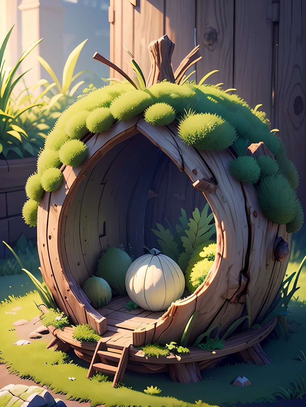 masterpiece, best quality, (extremely detailed CG unity 8k wallpaper), (best quality), (best illustration), (best shadow), A round turnip hut covered with moss, isometric 3D, octane render,ray tracing,ultra detailed