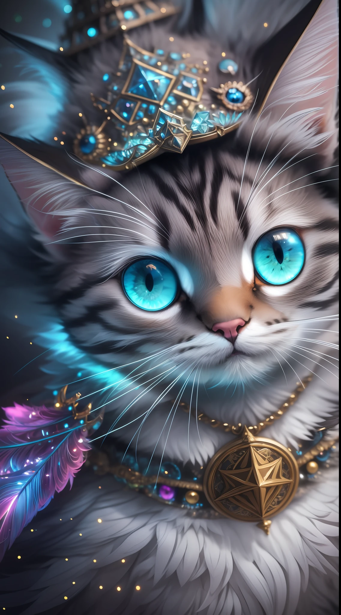 "Happy Insanely detailed photograph of an elaborate cute fluffy cat with Wizard hat, intricate fur, colorful intricate glowing eyes fantastical hyperdetailed painting by Ismail Inceoglu Huang Guangjian and Dan Witz CGSociety ZBrush Central fantasy art album cover art 4K ?? megapixels 8K resolution HDR Greek shiny space colours feathers celestial eyes light vibrant colorful"