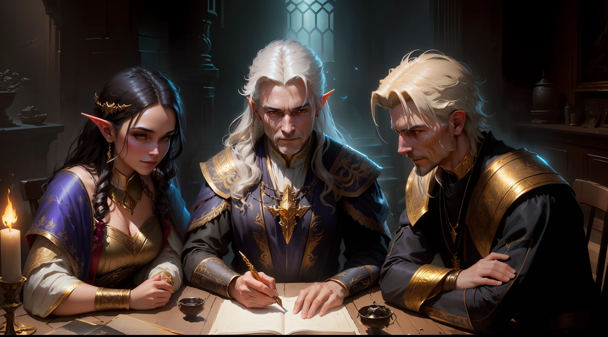 best quality, masterpiece, masterpiece portrait, intricate details, epic light, fantasy, dragons and dungeons, retro, priest, dark elf, 1 girl,2 boys, wooden table, tavern, gray skin, elegant smile, strabismus, close-up portrait of a Mycenaean woman doll with gold jewelry, spider: 0.9, net: 1.0, fantasy, volumetric lighting, concept art, brush stroke style, art station, trend, very detailed, art by Greg Rutkowski