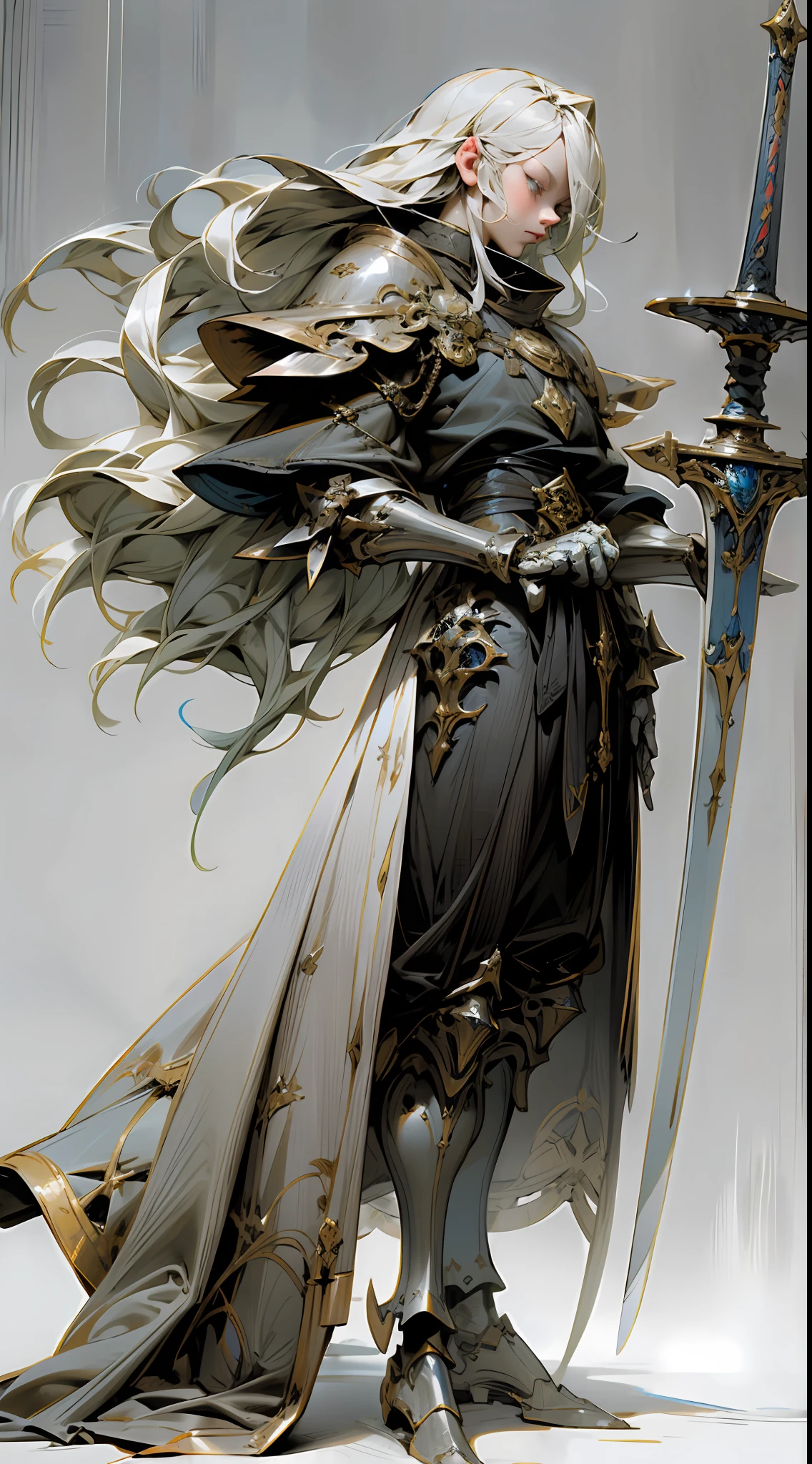 Western rapier sword, knight, silver white armor, white wavy long hair, blue eyes, griffith, sword wind legend, back spirit, blue behind knight, medieval gothic, black soul, ignite blue flame, dark gothic, rendering style in reality and super detail, super detail, majestic, creative painting by Katsuhiro Otomo, full body character design, game character design, personal full body, white background,