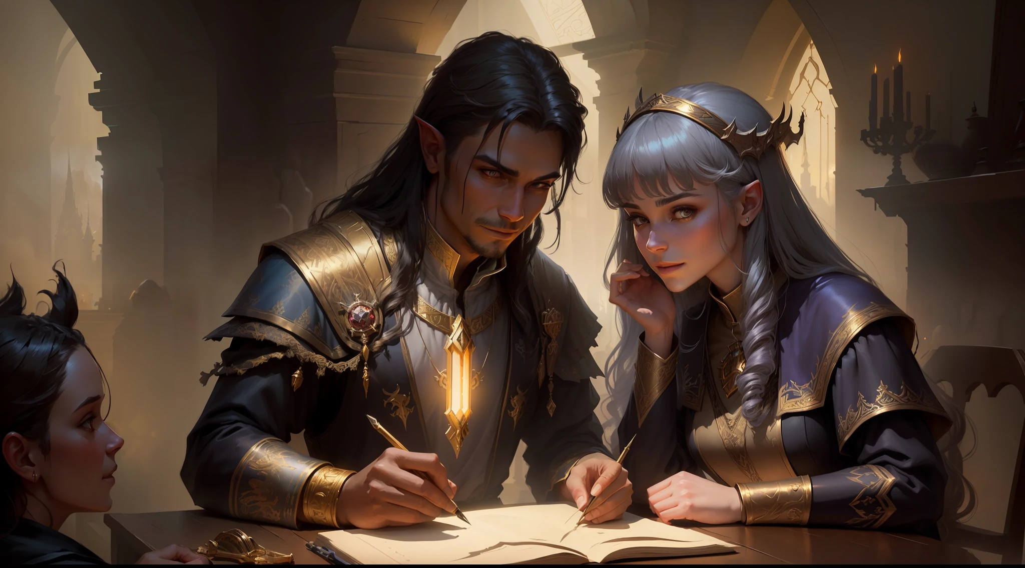 best quality, masterpiece, masterpiece portrait, intricate details, epic light, fantasy, dragons and dungeons, retro, priest, dark elf, 1 girl,2 boys, wooden table, tavern, gray skin, elegant smile, strabismus, close-up portrait of a Mycenaean woman doll with gold jewelry, spider: 0.9, net: 1.0, fantasy, volumetric lighting, concept art, brush stroke style, art station, trend, very detailed, art by Greg Rutkowski