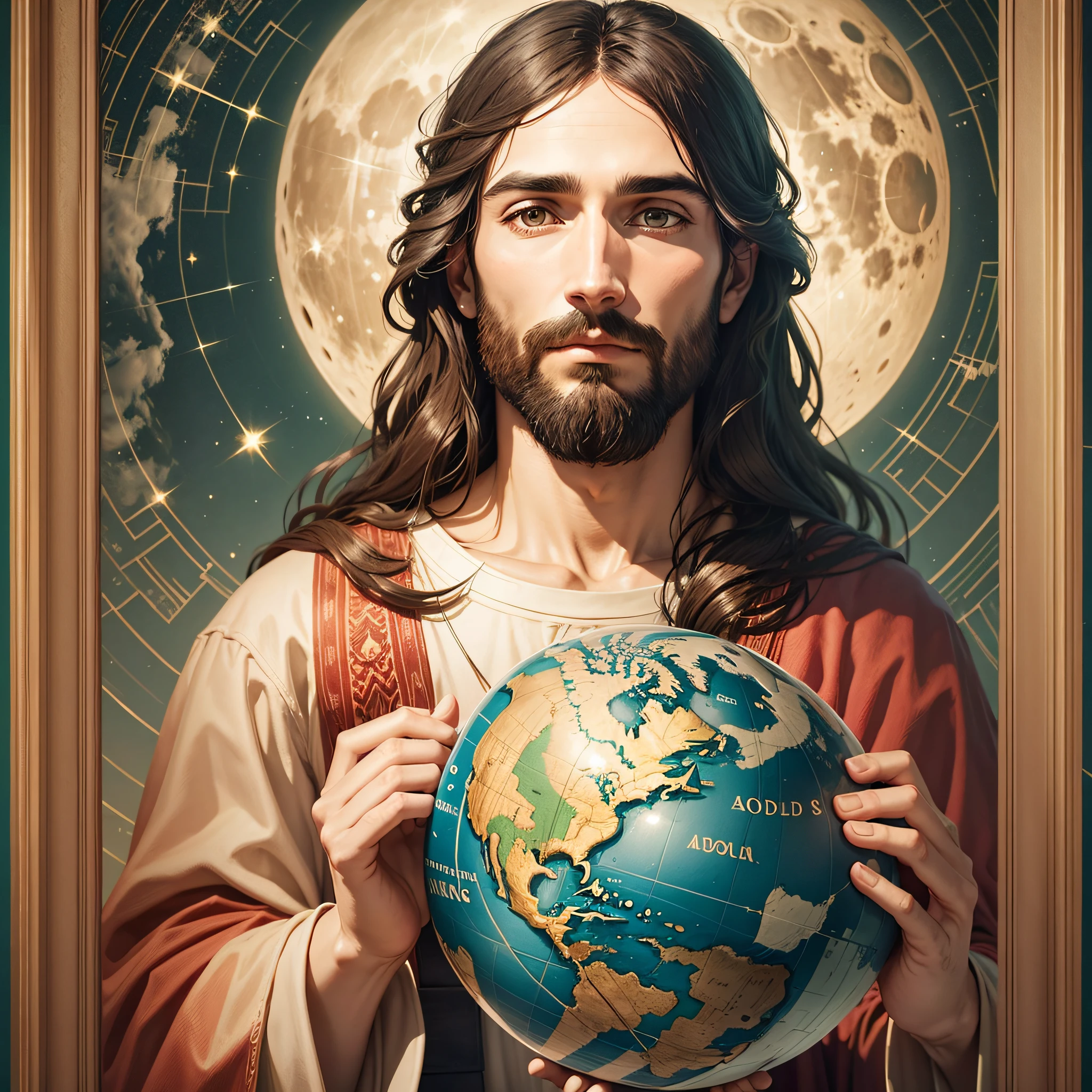 Jesus holding a globe in his hands before a full moon --auto --s2