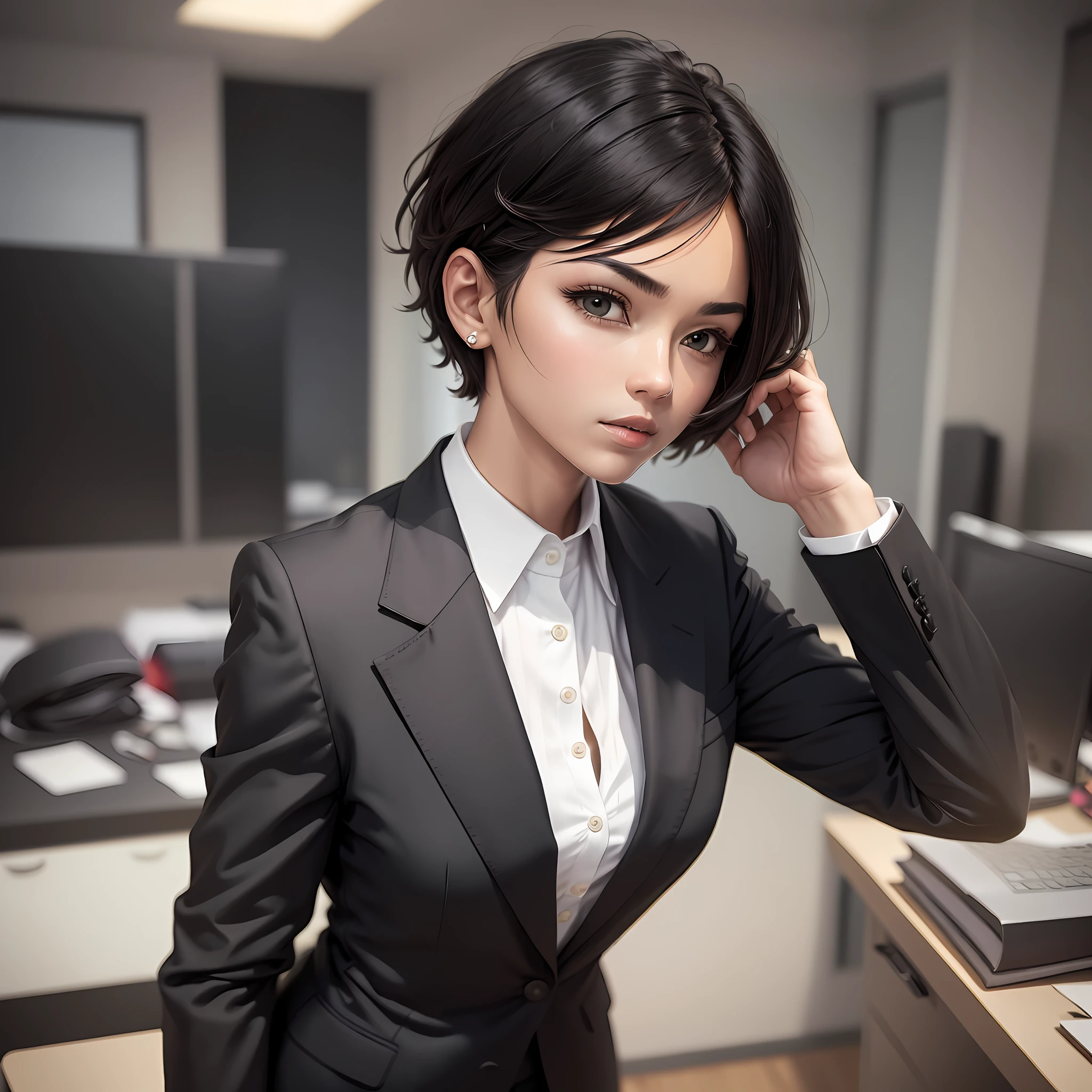 Man, black executive suit, looking straight ahead inside an office. Short hair.