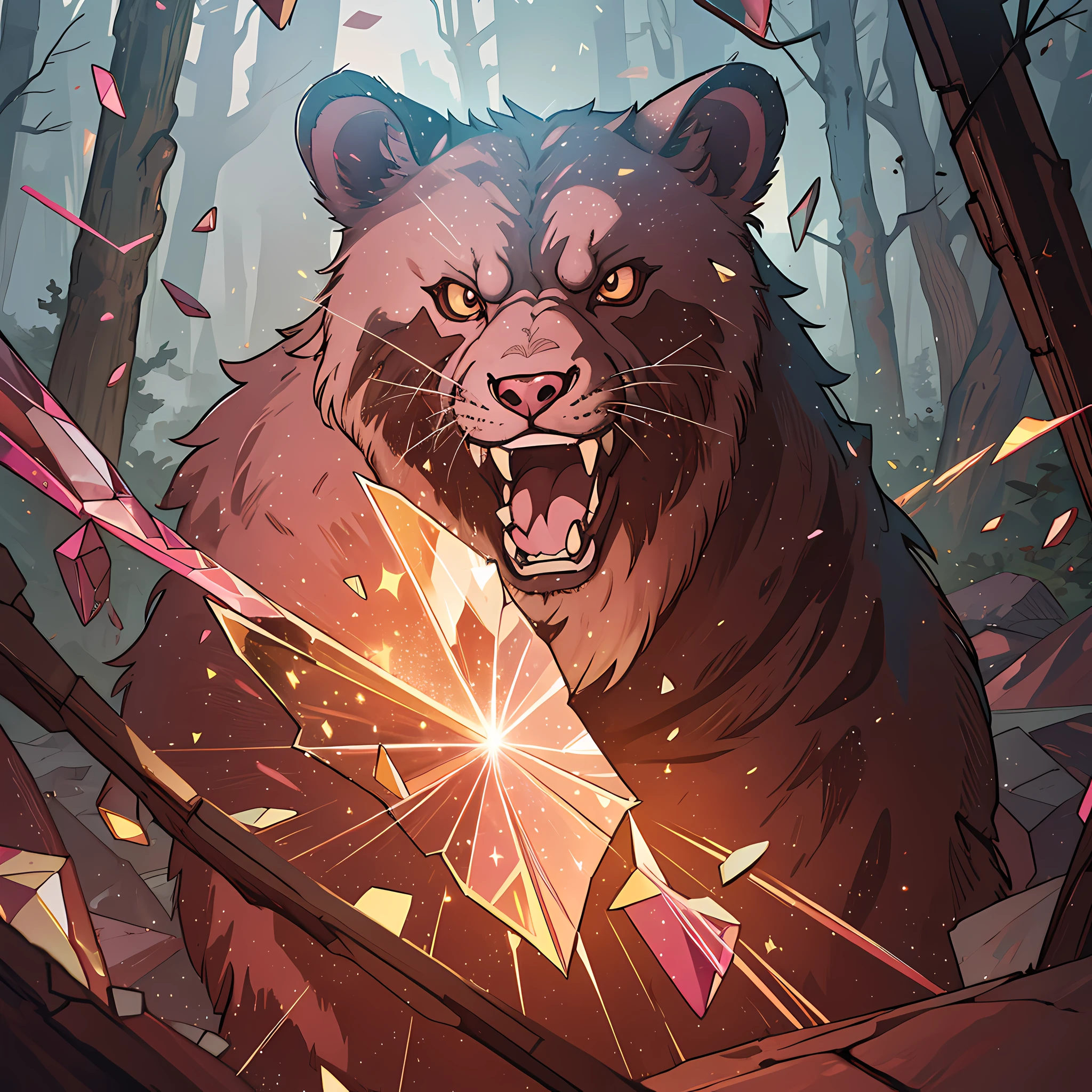 sparkling pink brown bear, shattered glass, angry roar, magical sparkles, mirror shards, forest background