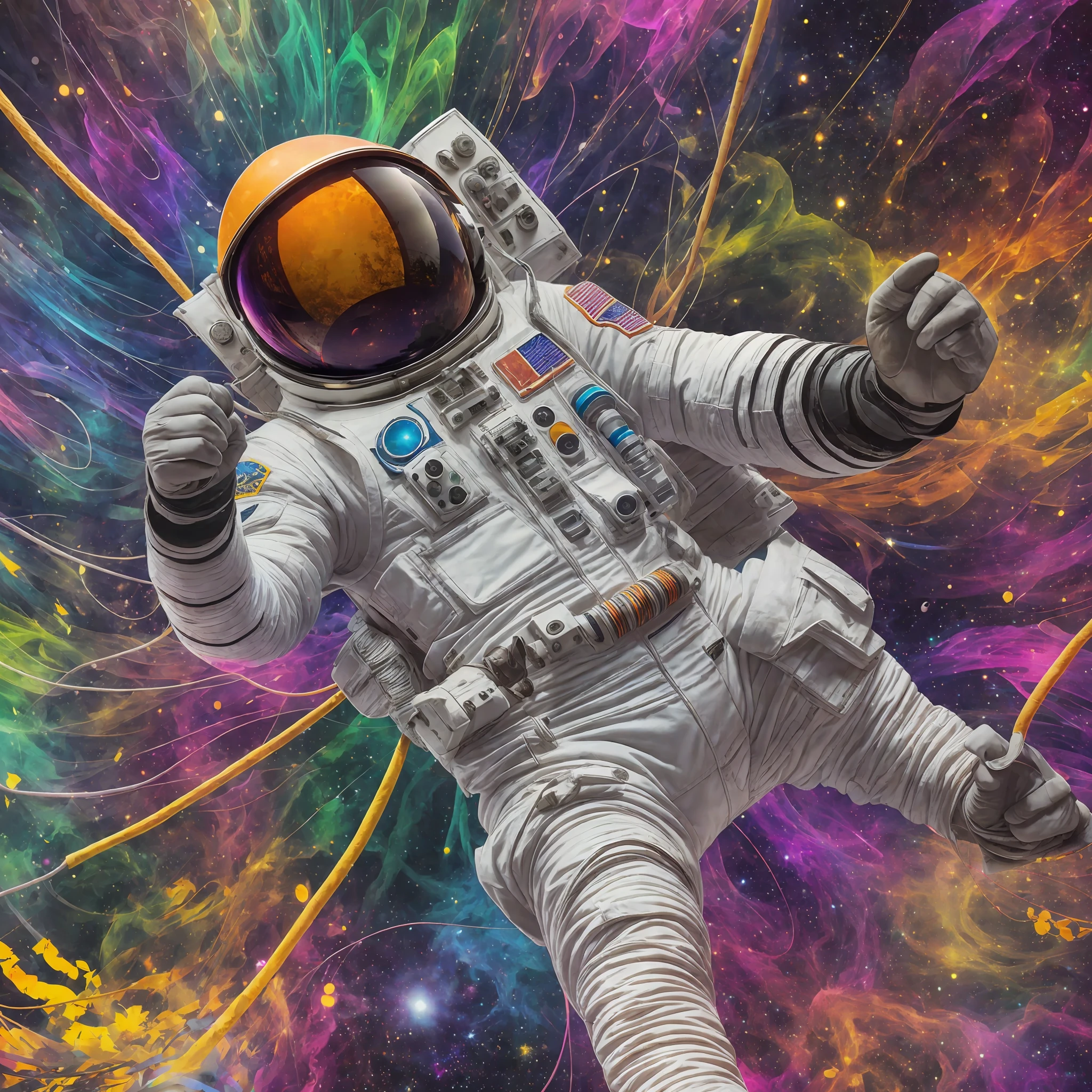 📸 First prompt: Imagine a psychedelic scene of an astronaut floating in space. The astronaut is in a relaxed pose, as if swimming in the void of space. The background is a whirlwind of vibrant colors and psychedelic patterns, creating a sense of movement and energy. The style is hyper-realistic, with every detail of the astronaut's suit, helmet and umbilical cord meticulously detailed. The lighting is dynamic and vibrant, with the colors of the psychedelic background illuminating the scene. The composition is done with a high-resolution camera, with a 50mm lens to capture all the details of the scene. The photo should be taken from a medium angle, with the astronaut in the center of the image. --auto --s2