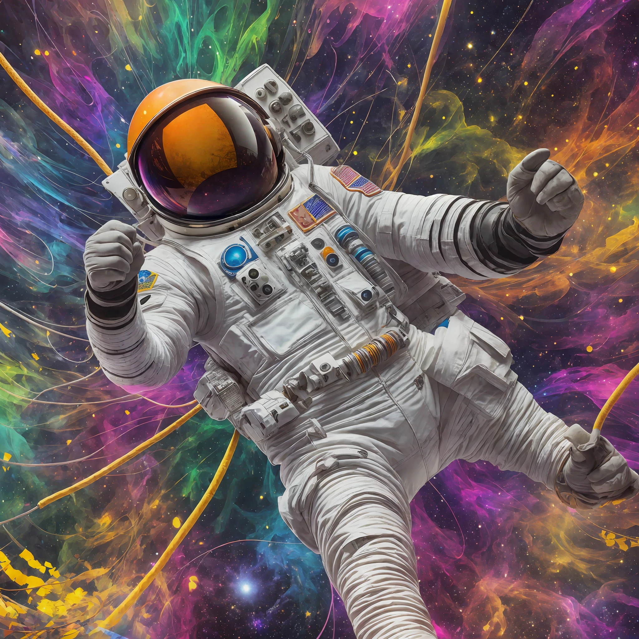 📸 First prompt: Imagine a psychedelic scene of an astronaut floating in space. The astronaut is in a relaxed pose, as if swimming in the void of space. The background is a whirlwind of vibrant colors and psychedelic patterns, creating a sense of movement and energy. The style is hyper-realistic, with every detail of the astronaut's suit, helmet and umbilical cord meticulously detailed. The lighting is dynamic and vibrant, with the colors of the psychedelic background illuminating the scene. The composition is done with a high-resolution camera, with a 50mm lens to capture all the details of the scene. The photo should be taken from a medium angle, with the astronaut in the center of the image. --auto --s2
