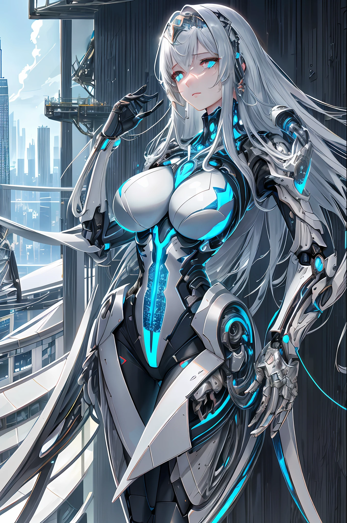 1mechanical girl, crying, ((ultra realistic details)), ((perfect body)), ((perfect hands)), ((sexy poture)), portrait, global illumination, shadows, silver, octane render, 8k, ultra sharp, metal, intricate, ornaments detailed, cold colors, egypician detail, white black body suit, (blue silve hair), (beauty princess: 1.2), highly intricate details, realistic light, trending on cgsociety, glowing eyes, facing camera, neon details, machanical limbs, blood vessels connected to tubes, mechanical vertebra attaching to back, mechanical cervial attaching to neck, standing,wires and cables connecting to head, ((city skyscraper :1.5))