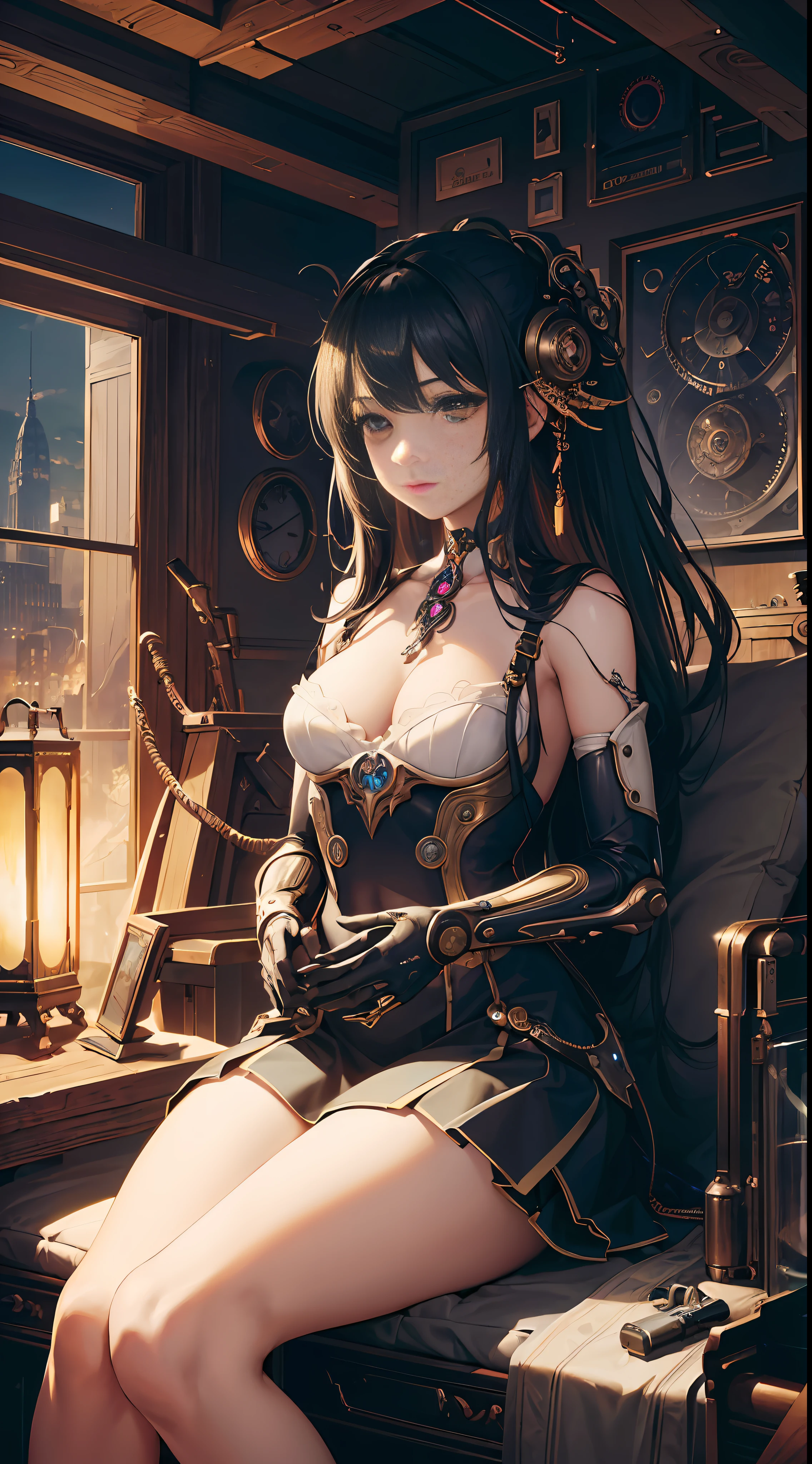 (masterpiece, top quality, best quality, official art, beautiful and aesthetic:1.3), (1girl:1.3), extreme detailed,colorful,highest detailed,((ultra-detailed)), (highly detailed CG illustration), ((an extremely delicate and beautiful)),cinematic light,((1mechanical girl)),solo,full body,(steampunk),(machine made joints:1.2),(mechanical limbs),(blood vessels connected to tubes),((mechanical cervial attaching to neck)),(sitting),expressionless,wires and cables attaching to neck,wires and cables on head,,science fiction,mechanical city, active pose