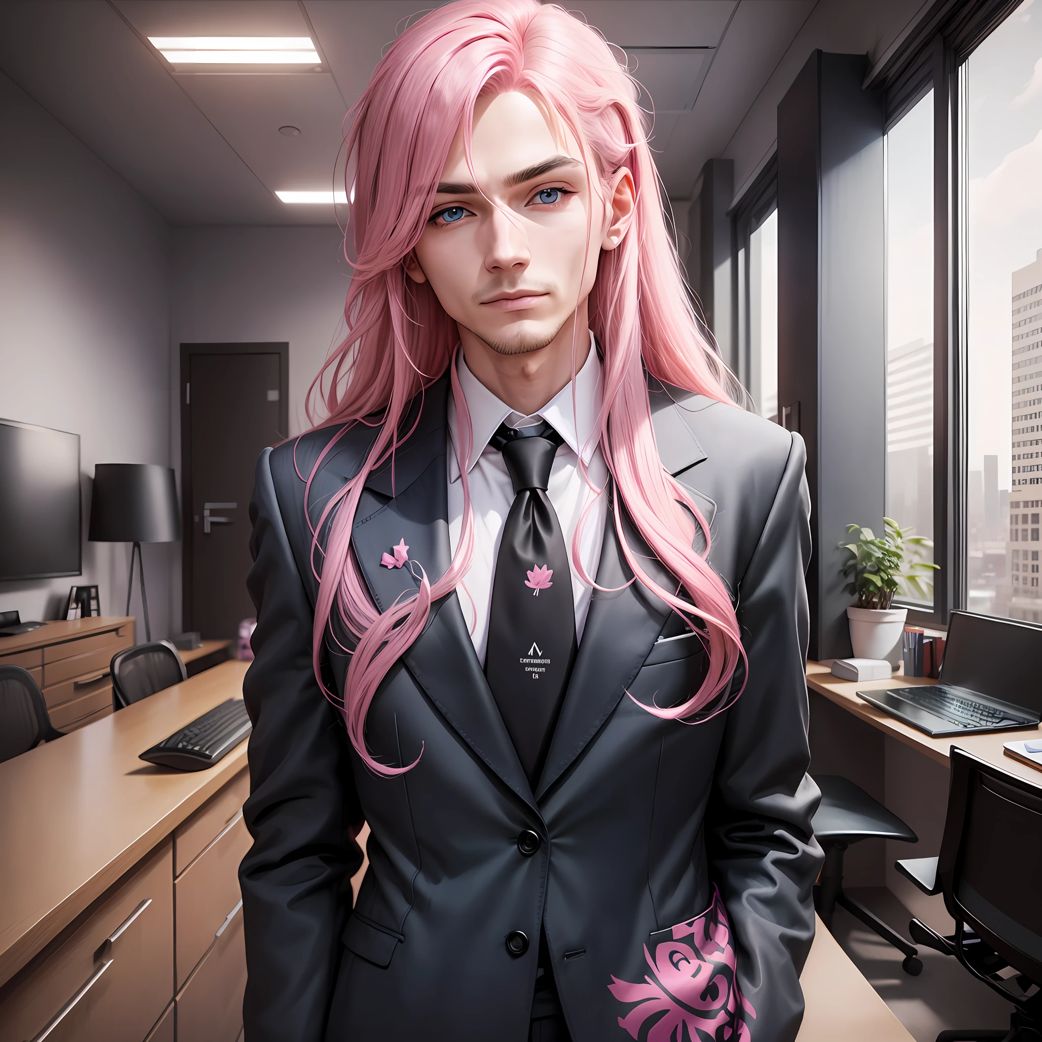 Man with pink hair, black executive suit, looking forward, long hair, sweet look, blue eyes, pink eyeshadow, inside an office.