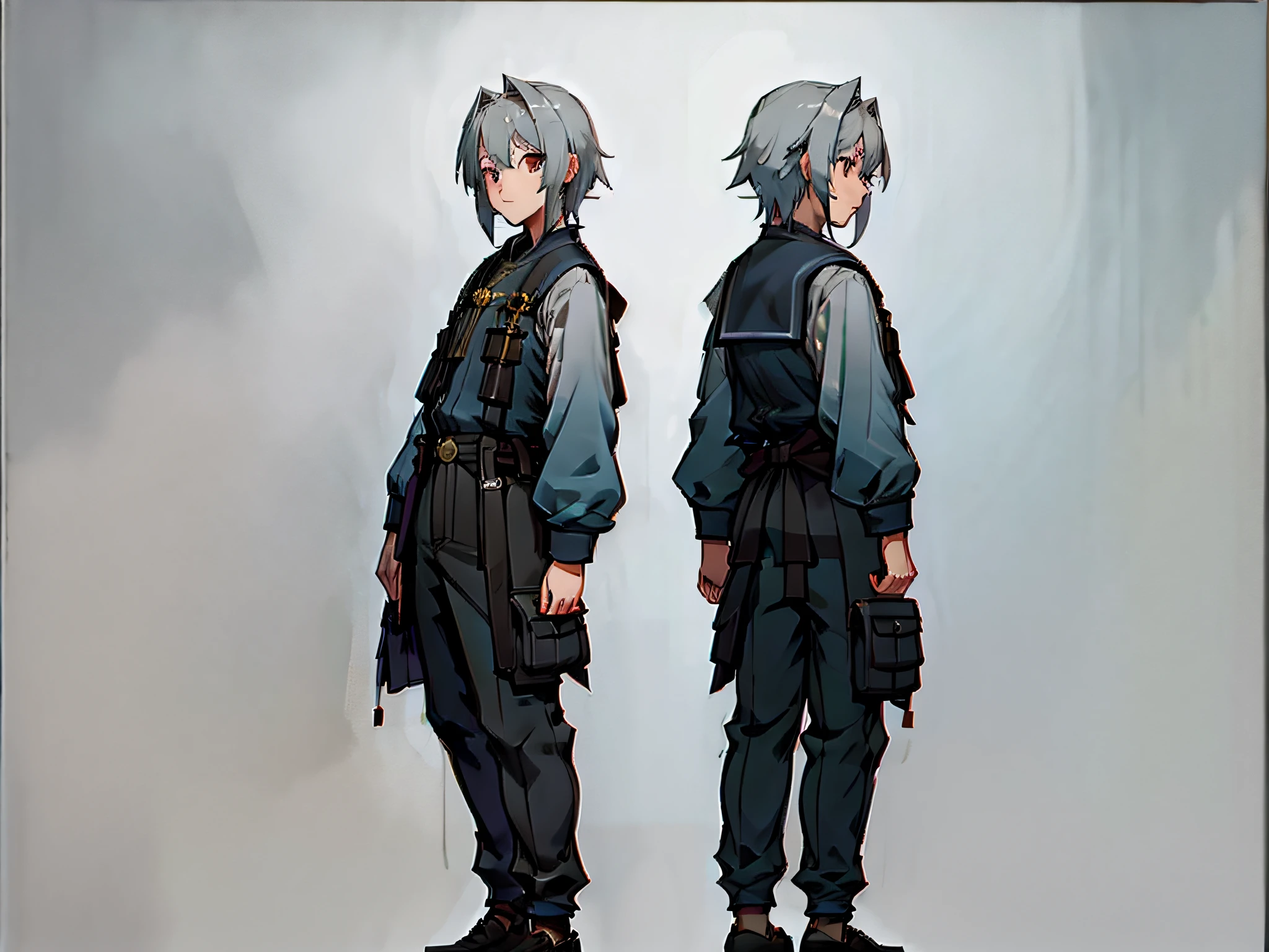 ((masterpiece)), ((best quality))), (character design sheet, same character, front, side, back), Illustration, 1 boy, silver hair, long bangs, hair on the eyes, beautiful eyes, environment change, pose kotai, college clothes, magic, charturnbetalora, (simple background, white background: 1.3)