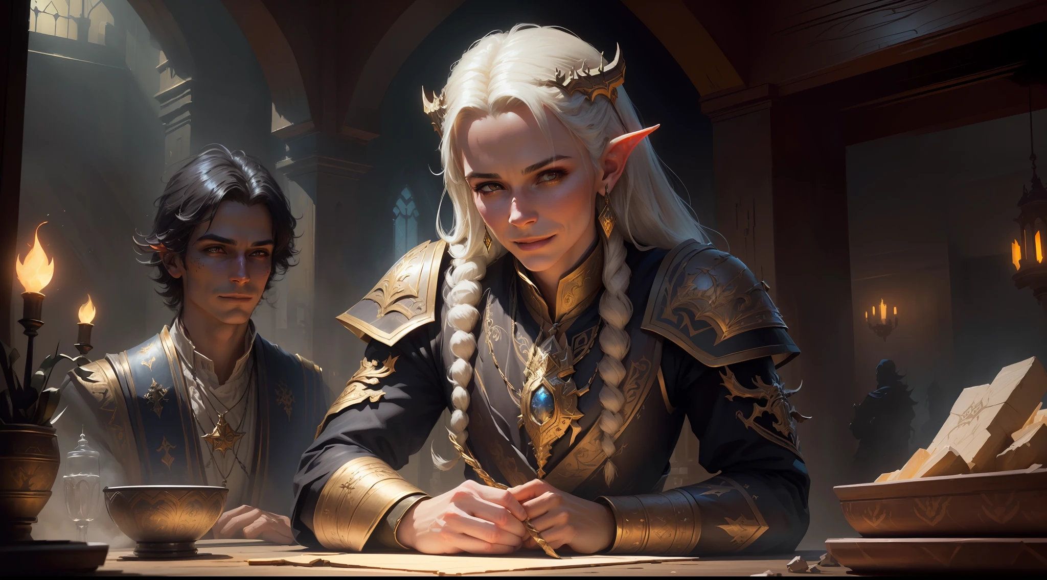 best quality, masterpiece, masterpiece portrait, intricate details, epic light, fantasy, dragons and dungeons, retro, priest, dark elf, 1 girl,2 boys, wooden table, tavern, gray skin, elegant smile, strabismus, close-up portrait of a Mycenaean woman doll with gold jewelry, spider: 0.9, net: 1.0, fantasy, volumetric lighting, concept art, brush stroke style, art station, trend, very detailed, art by Greg Rutkowski