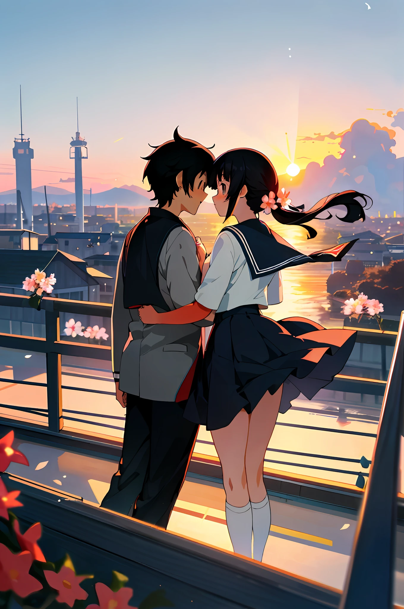 ((masterpiece,best quality)),Ghibli,Couple, , long black hair, bikini, big breasts, big ass, couple, cherry, sunset, flower,couple , youth, school rooftop,