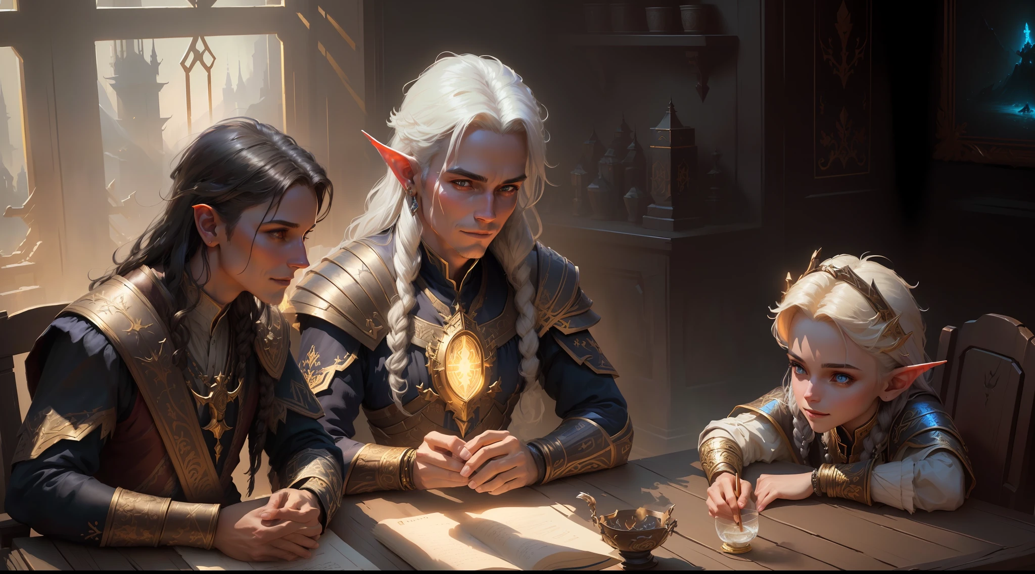 best quality, masterpiece, masterpiece portrait, intricate details, epic light, fantasy, dragons and dungeons, retro, priest, dark elf, 1 girl,2 boys, wooden table, tavern, gray skin, elegant smile, strabismus, close-up portrait of a Mycenaean woman doll with gold jewelry, spider: 0.9, net: 1.0, fantasy, volumetric lighting, concept art, brush stroke style, art station, trend, very detailed, art by Greg Rutkowski
