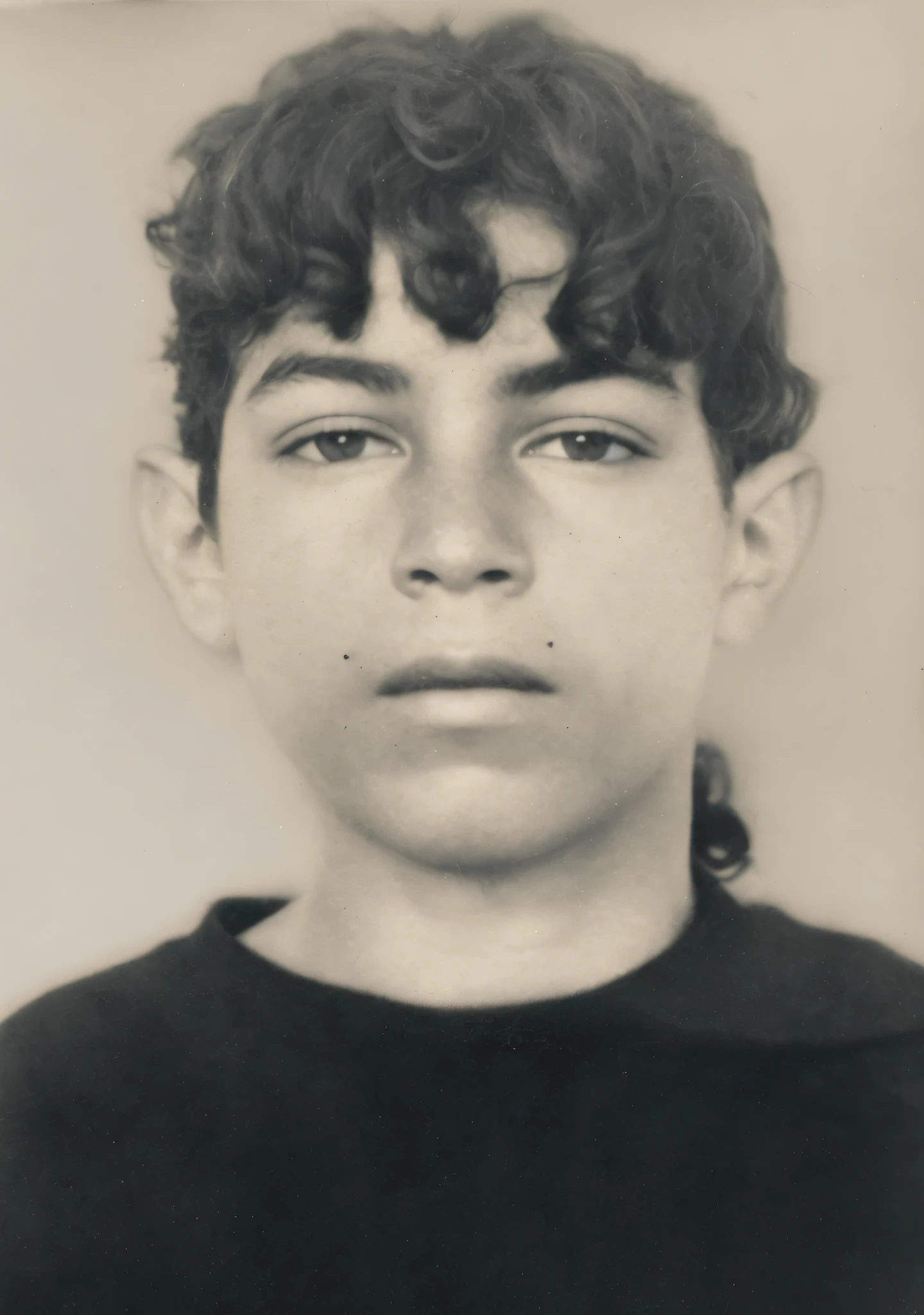 arafed black and white photo of a young boy with curly hair, around 1 9 years old, frontal portrait of a young, aged 13, portrait of 1 5 - year - old boy, portrait a 1 5 - year - old boy, photographic portrait, collodion photograph, portrait photograph, aged 2 5, old picture, realistic old photograph, mohamed chahin