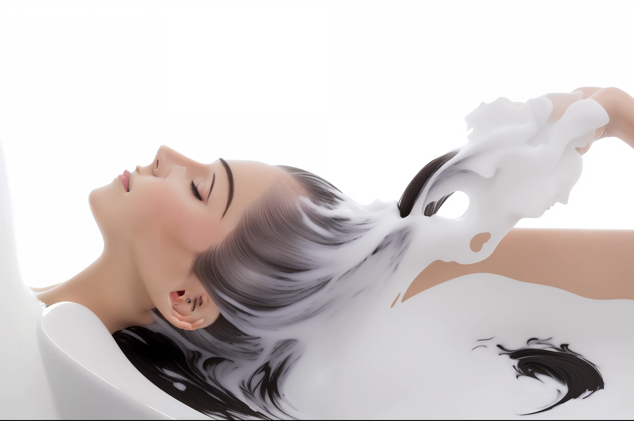 araffe woman washing her hair in a bathtub with soap, soaking wet hair, hair detailing, full head and shoulders, thinning hair, clean hair, milk - bath effect, washing her dark long hair, wet dripping hair, hair coloring, hair flowing, hair blowing, having fun, straight stiff dry damaged hair, cascading hair, wet flowing hair