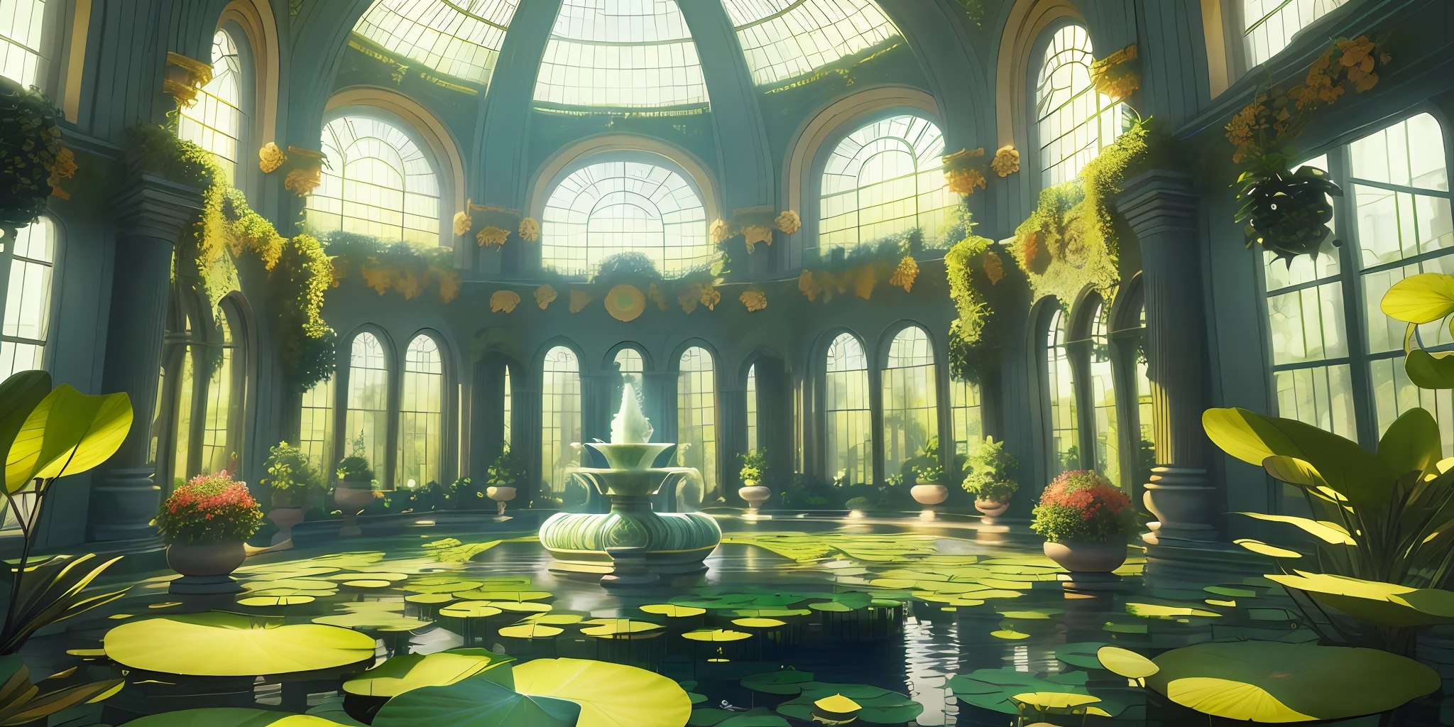 A gigantic greenhouse with a central round fountain with large water lilies with flowers, vines, orchids, bromeliads, large ornate glass windows, ornaments, golden, many plants, tropical plants, marble walls, dynamic light, 8K, masterpiece, ultra detailed, beautiful.