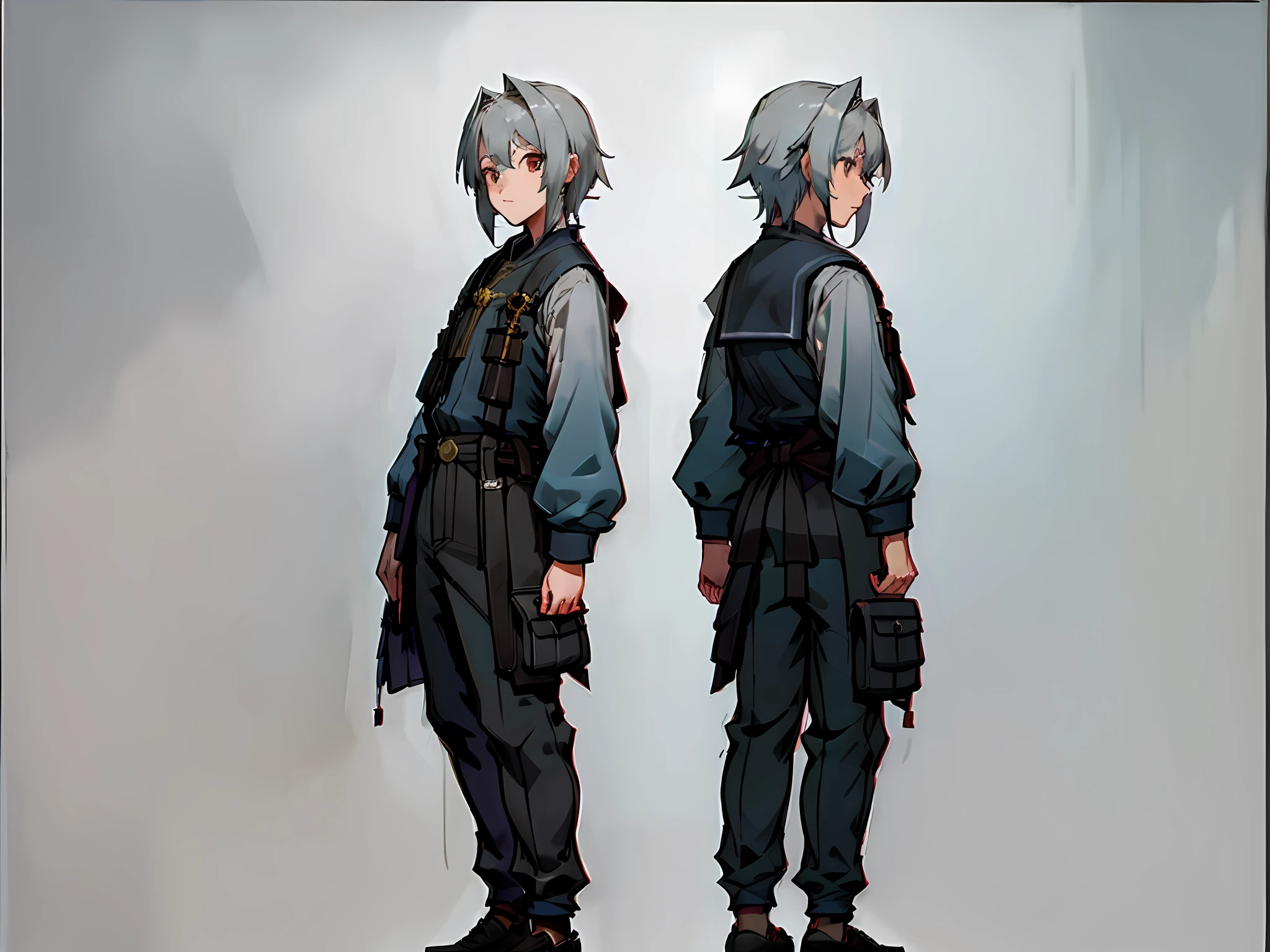 ((masterpiece)), ((best quality))), (character design sheet, same character, front, side, back), Illustration, 1 boy, silver hair, long bangs, hair on the eyes, beautiful eyes, environment change, pose kotai, college clothes, magic, charturnbetalora, (simple background, white background: 1.3)