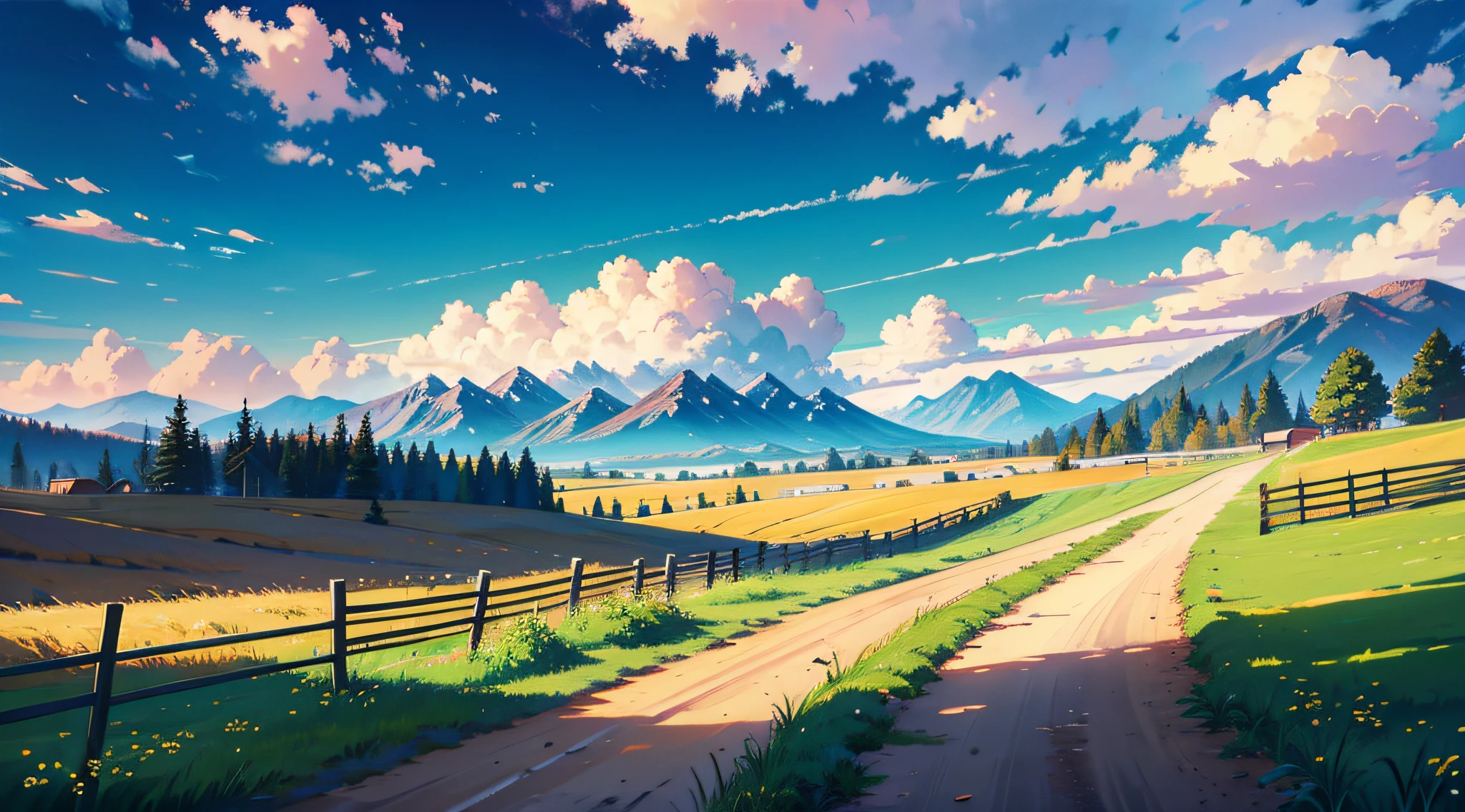 rural landscape, grass, mountains in the background, clouds, fence, dirt road, masterpieces, HD, high quality, best quality, highres, high quality, high details, masterpiece, anime style