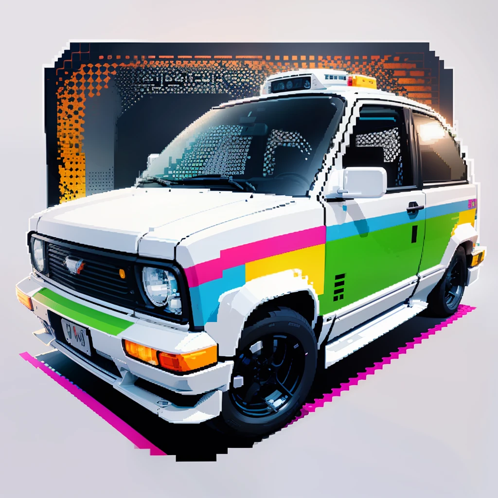 T-shirt print with a pixel art car inspired by the 8-bit aesthetic of the 80s or 90s, (t-shirt design, logo, badge, vector-art) (on a white background:1.4) as a t-shirt logo in the style of art Style, 3, from: -1x-1, 0.4 Leonardo Diffusion --auto --s2