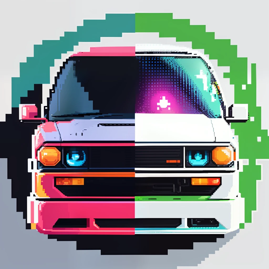 T-shirt print with a pixel art car inspired by the 8-bit aesthetic of the 80s or 90s, (t-shirt design, logo, badge, vector-art) (on a white background:1.4) as a t-shirt logo in the style of art    Style,  3,  from: -1x-1,  0.4  Leonardo Diffusion --auto --s2
