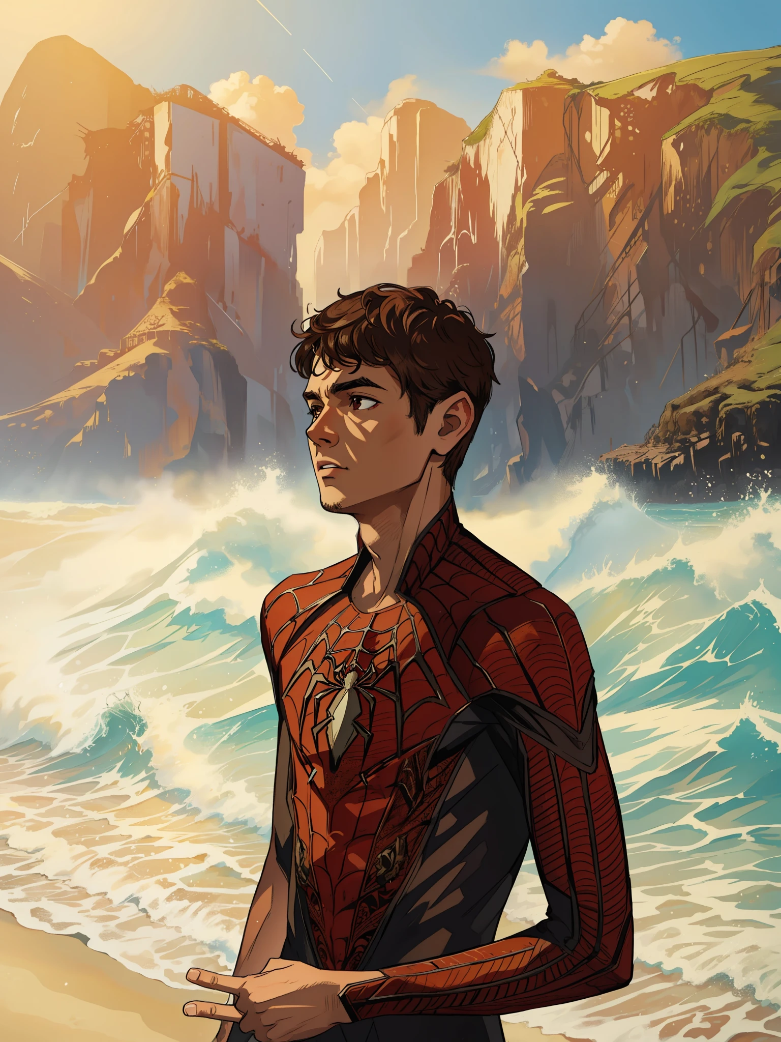 (masterpiece, best quality), intricate details, 8k, artstation, wallpaper, official art, splash art, sharp focus,
1boy, short hair, brown eyes, brown hair,
spider suit, spider web printing, spider web,
beach