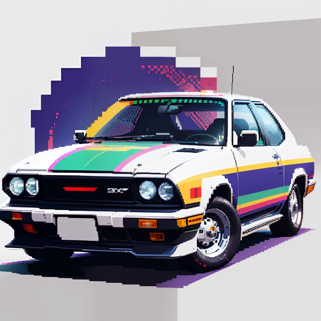 T-shirt print with a pixel art car inspired by the 8-bit aesthetic of the 80s or 90s, (t-shirt design, logo, badge, vector-art) (on a white background:1.4) as a t-shirt logo in the style of art    Style,  3,  from: -1x-1,  0.4  Leonardo Diffusion --auto --s2