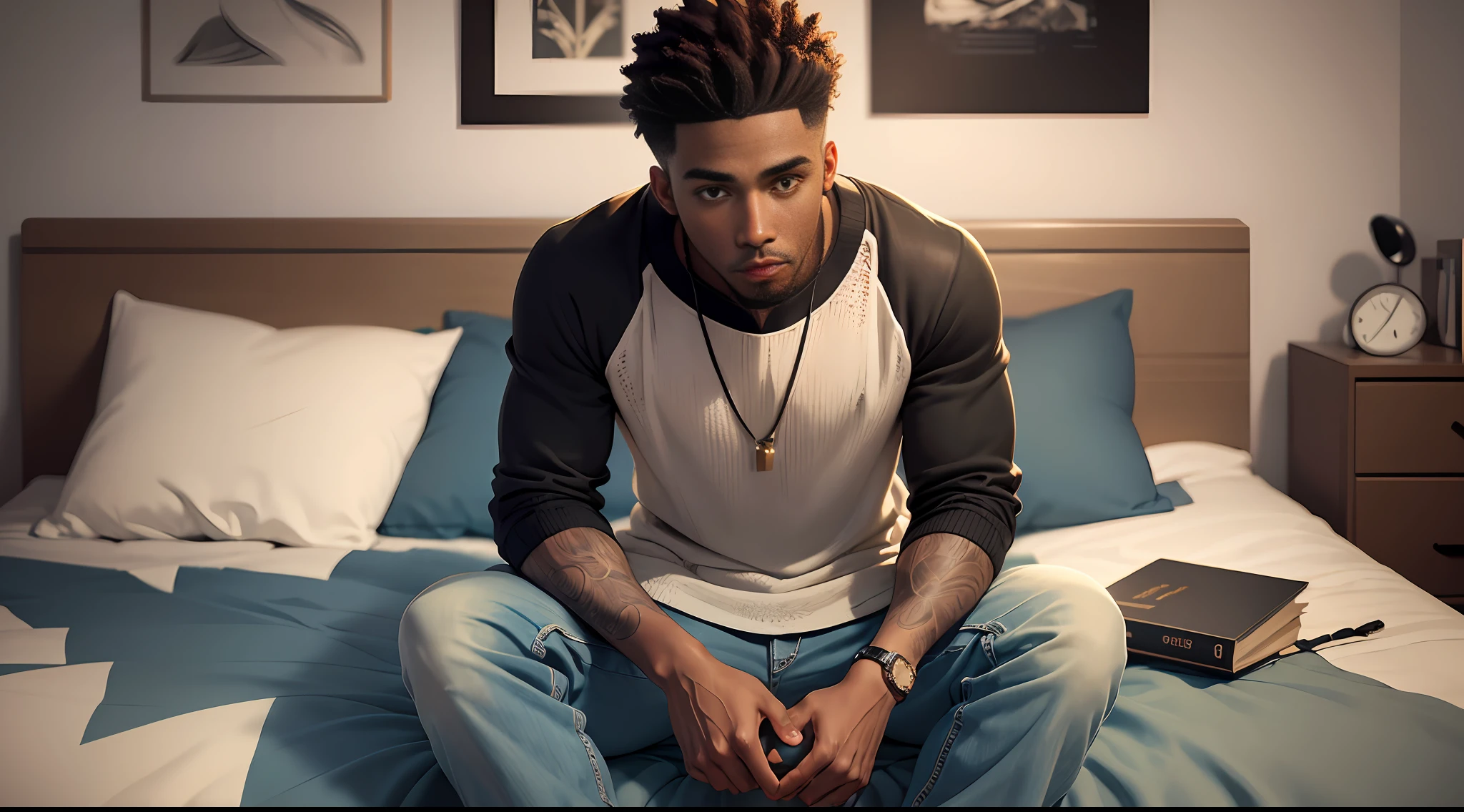 ((Work of art)), best quality, high detailing, incredibly delicate and beautiful illustration, (1 young 26-year-old black man), brown eyes, serious expression, comfortable casual clothing, slightly blurry urban setting, softly blurred background, night lighting.this youtuber is sitting on his bed, full body